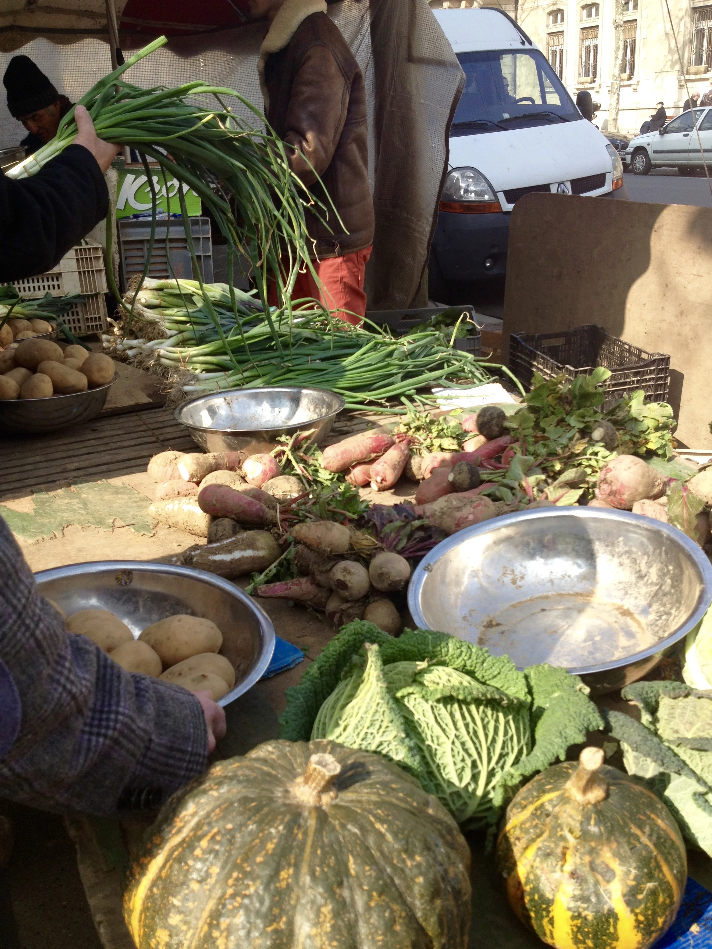 One of the busiest stands at le marché de la Croix-Rousse is run by the old man pictured in the far left corner. The person in line in front of me joked "Vous vendez de la terre aussi?" ( Are you selling dirt too? )