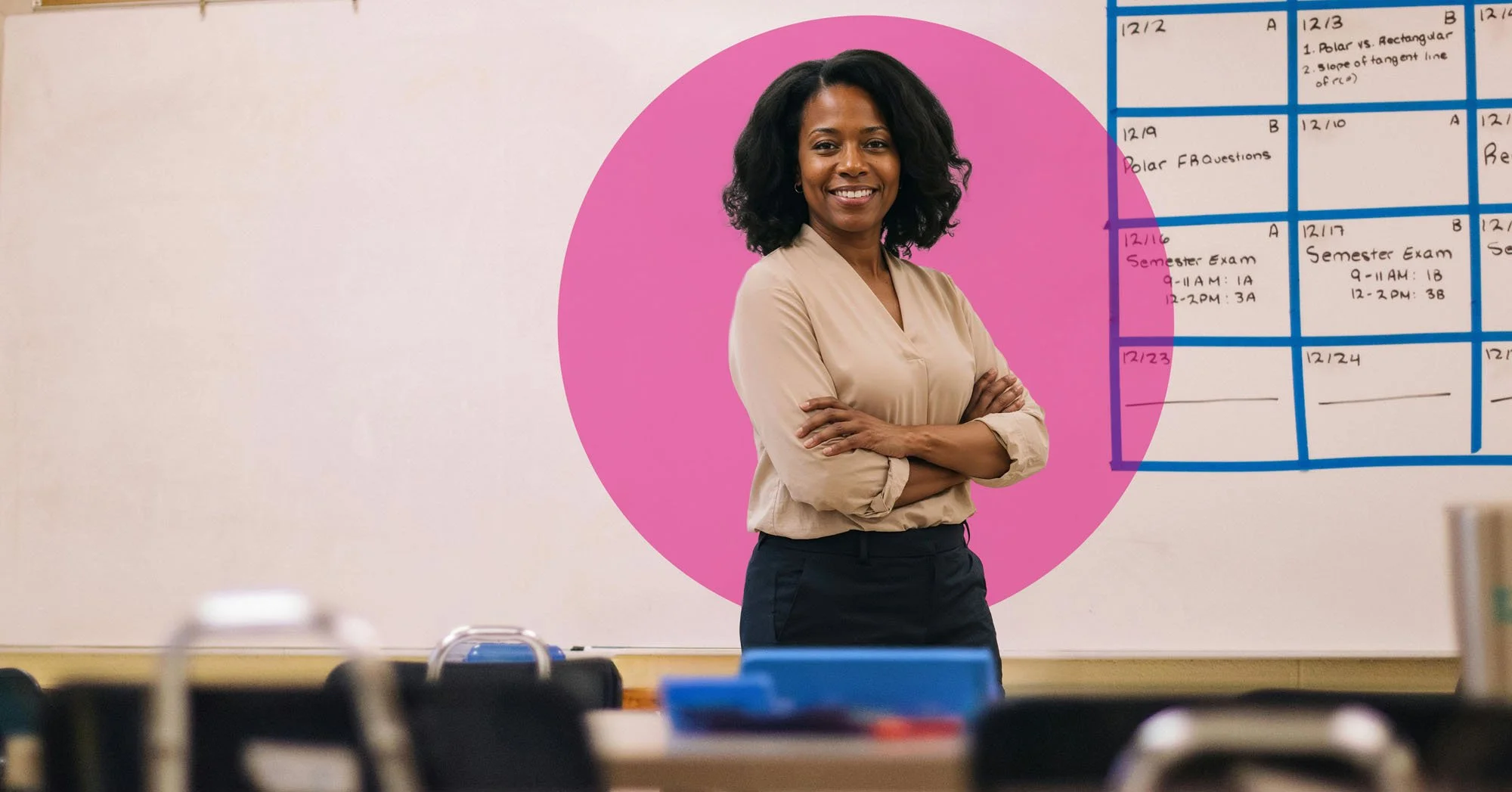A woman with black, curly hair standing in front of a whiteboard with a purple circle background behind her. The whiteboard has handwritten notes and a weekly schedule.