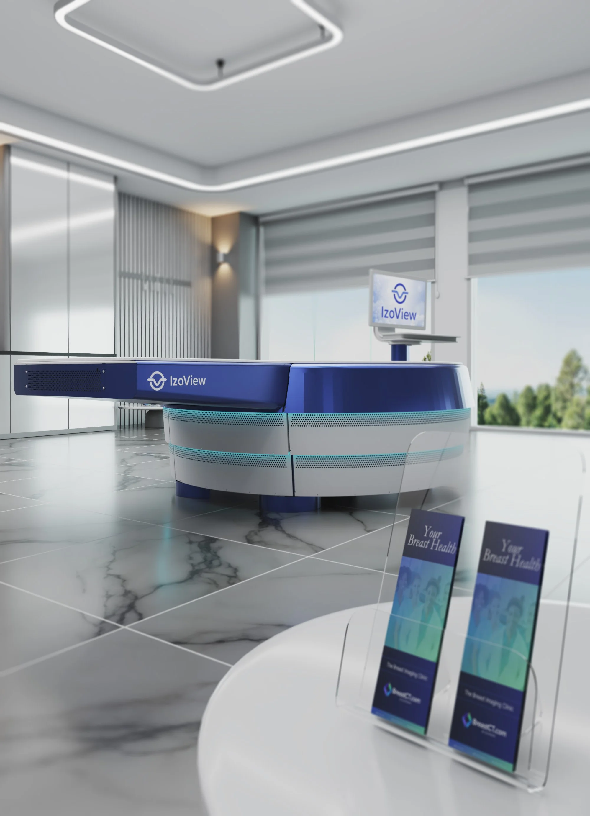 Modern medical imaging room with a blue and white IzoView mammography machine, digital screens, and informational brochures on breast health, featuring large windows with blinds and marble flooring.