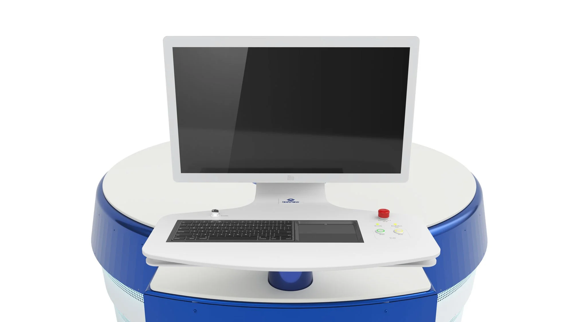 Medical robotic system with a monitor, control panel, and a blue and white base.