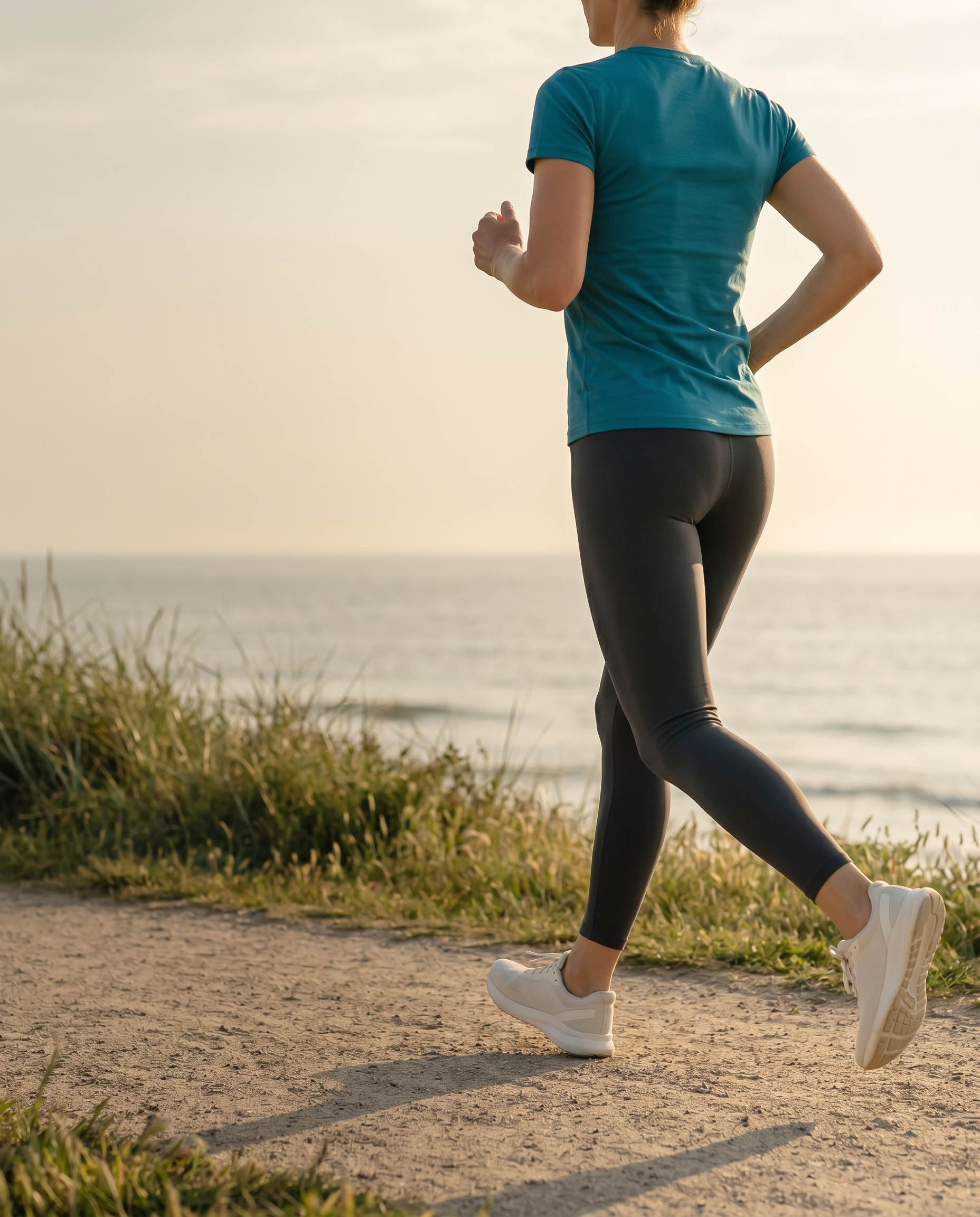 A woman jogging outdoors on a dirt path near water, wearing a turquoise T-shirt, black leggings, and white sneakers during sunset.