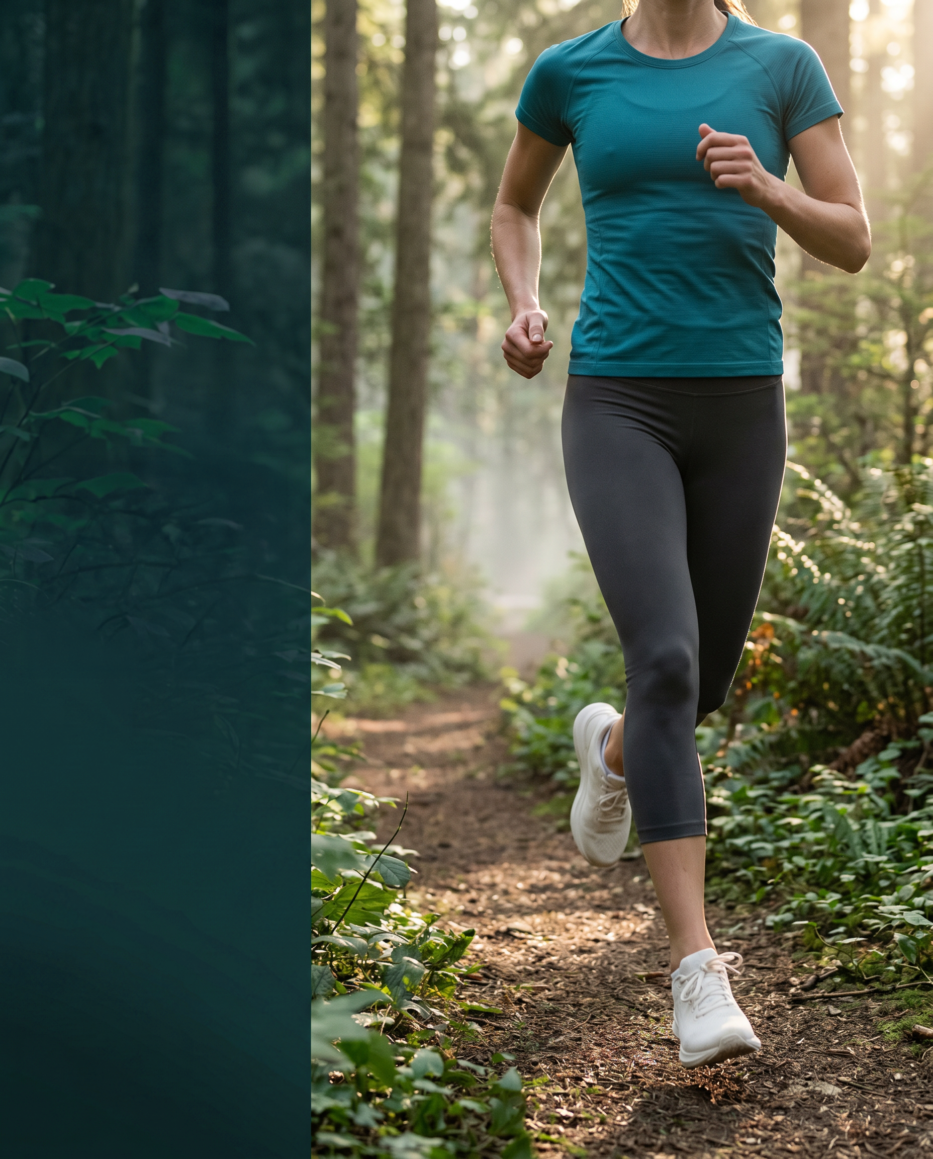 A woman jogging on a forest trail during daylight, wearing a teal shirt, black leggings, and white sneakers.