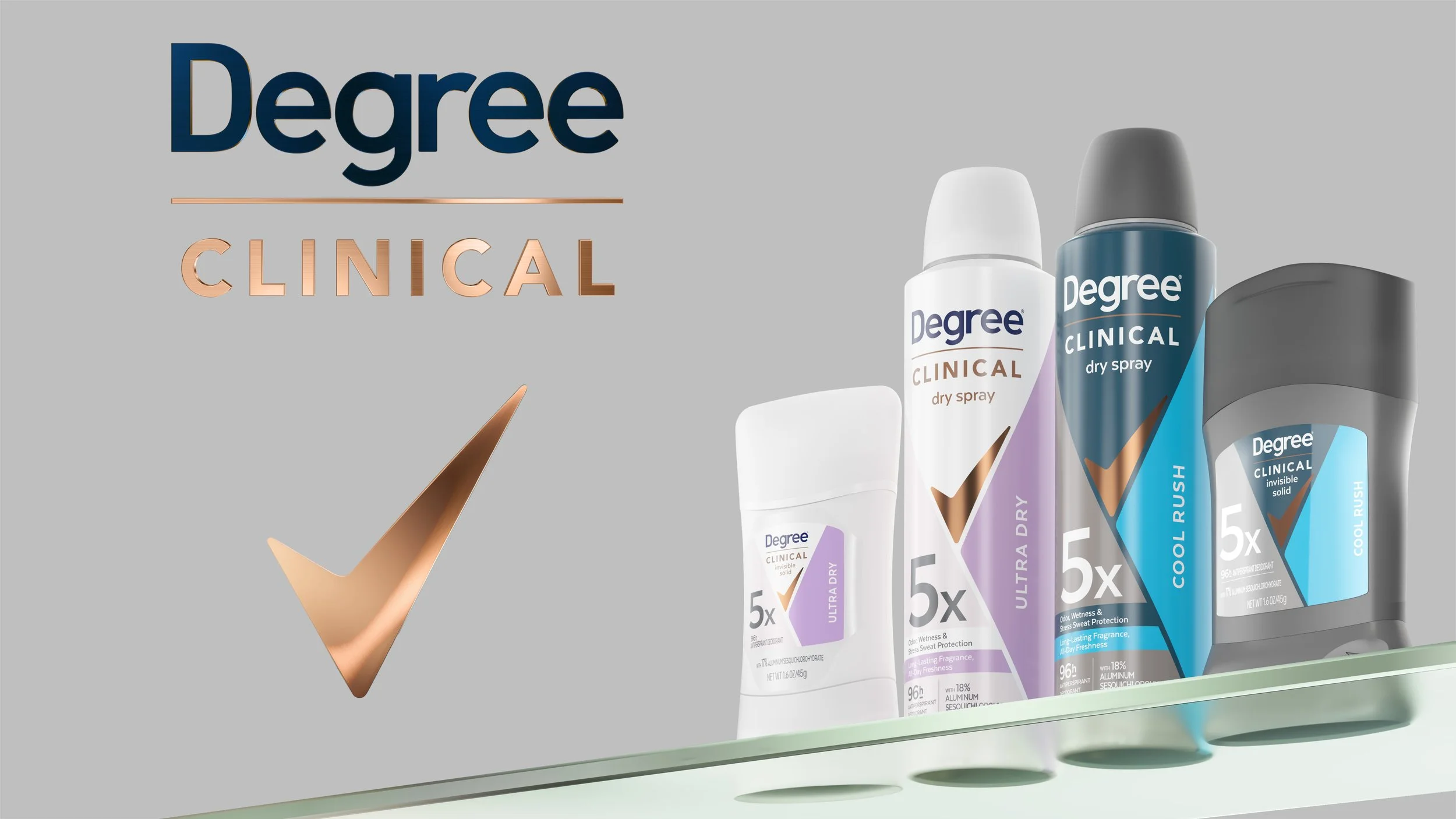 Display of Degree Clinical antiperspirant deodorant sprays and solids in different colors and varieties on a shelf, with the Degree logo and the word 'Clinical' above.