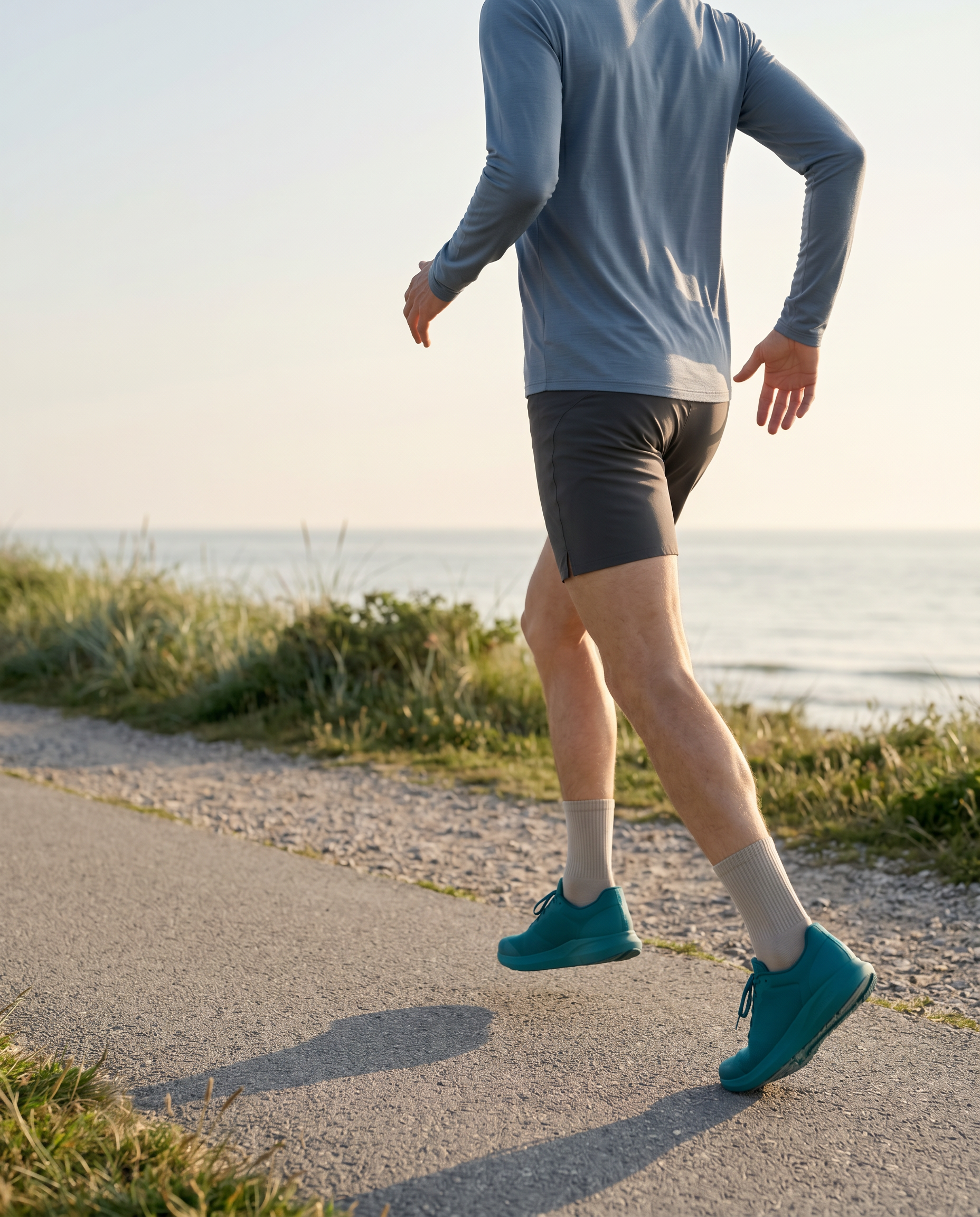 A person jogging outdoors on a paved trail near a body of water, wearing a long-sleeve shirt, shorts, white socks, and blue running shoes, with the sun creating a shadow on the ground.