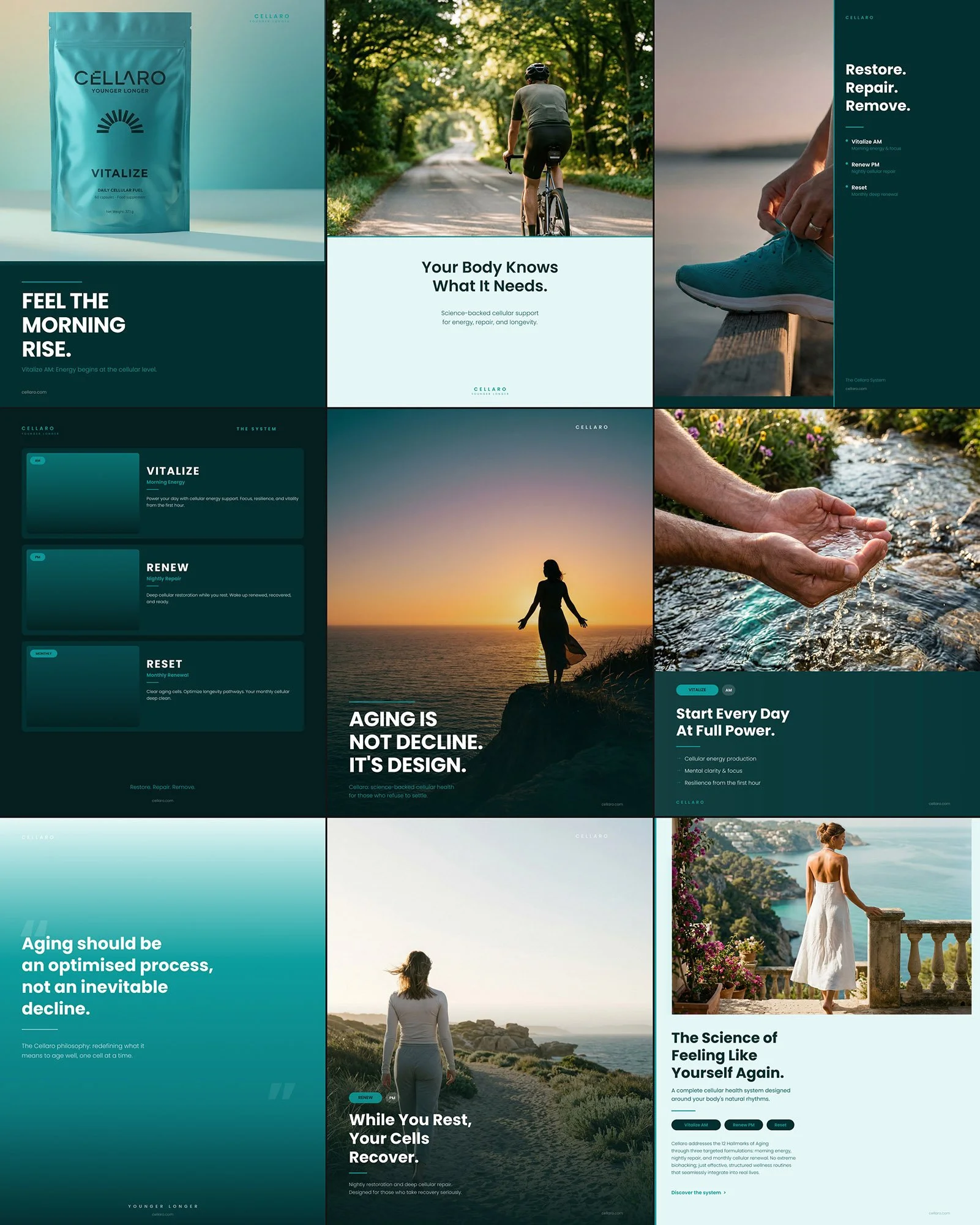 A digital collage of wellness images and text promoting cellular health and aging support, featuring a supplement packet labeled 'Vitalize,' a cyclist on a forest trail, a person adjusting running shoes, a sunset, a woman by the ocean, and a woman ov