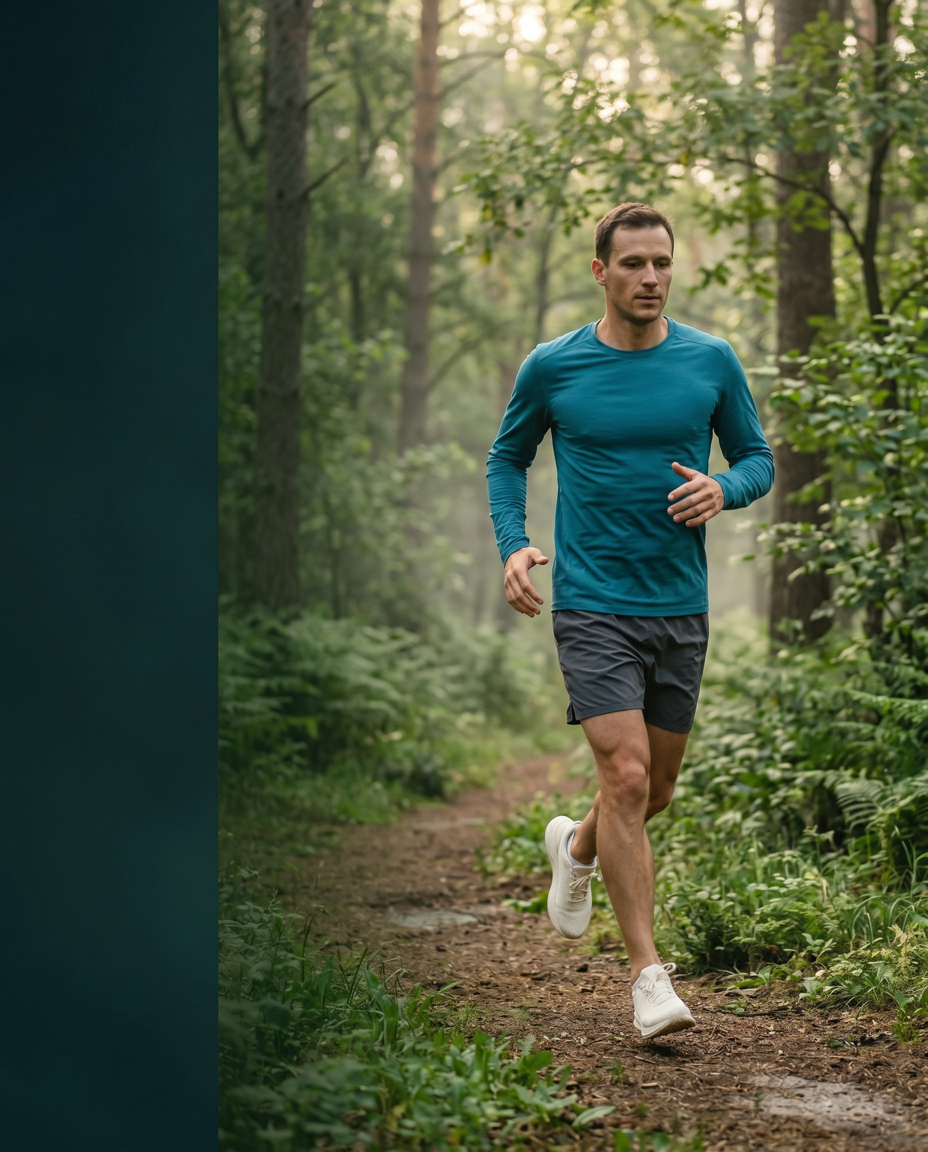 A man running on a trail in a forest with tall trees and green foliage, wearing a teal long-sleeve shirt, gray shorts, and white running shoes.