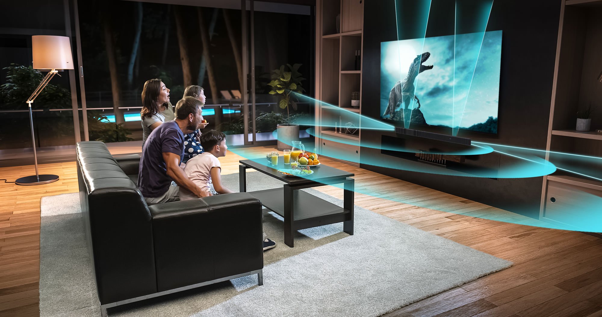  A family is watching a soccer moment on the TV and celebrating a goal, sitting on the couch in the living room. The living room is made in 3D. 