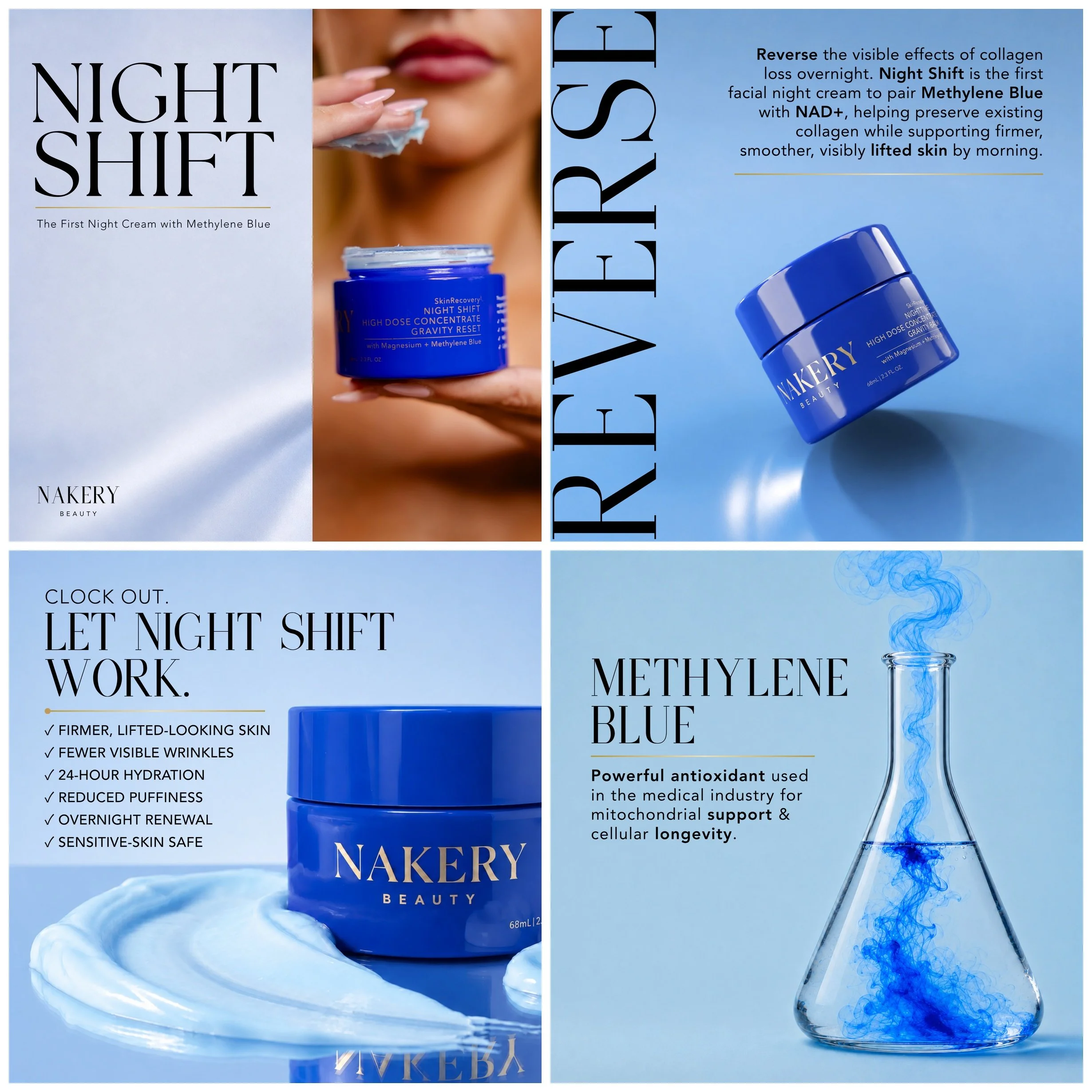 A promotional layout for Nakery Beauty's Night Shift collagen cream, featuring a woman applying the blue cream, with a close-up of the jar and a test tube with blue smoke blending into a beaker, all set against a blue background with descriptive text