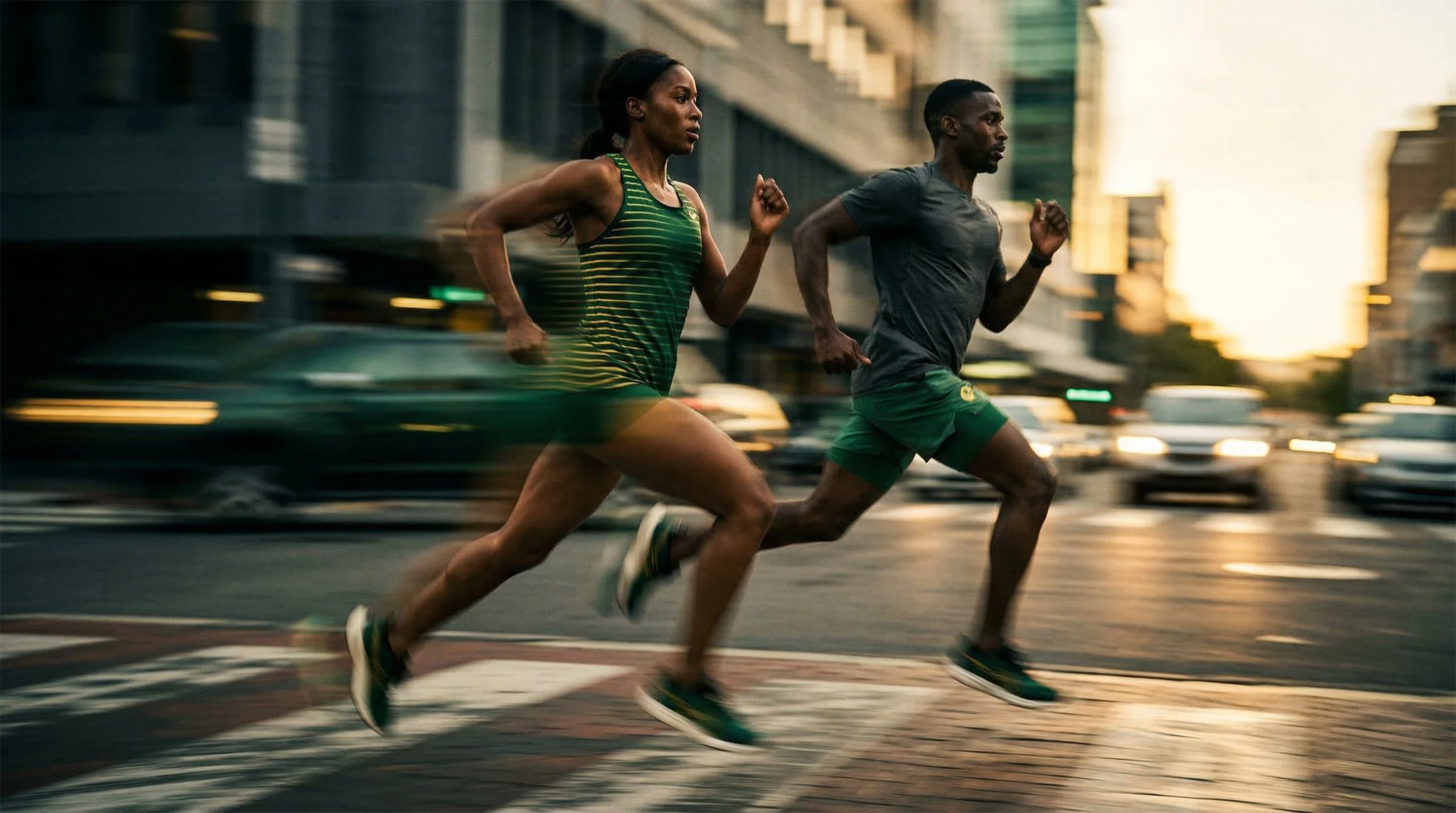Two runners, a woman and a man, are sprinting on a city street at sunset, wearing athletic clothing. Supplement hero image