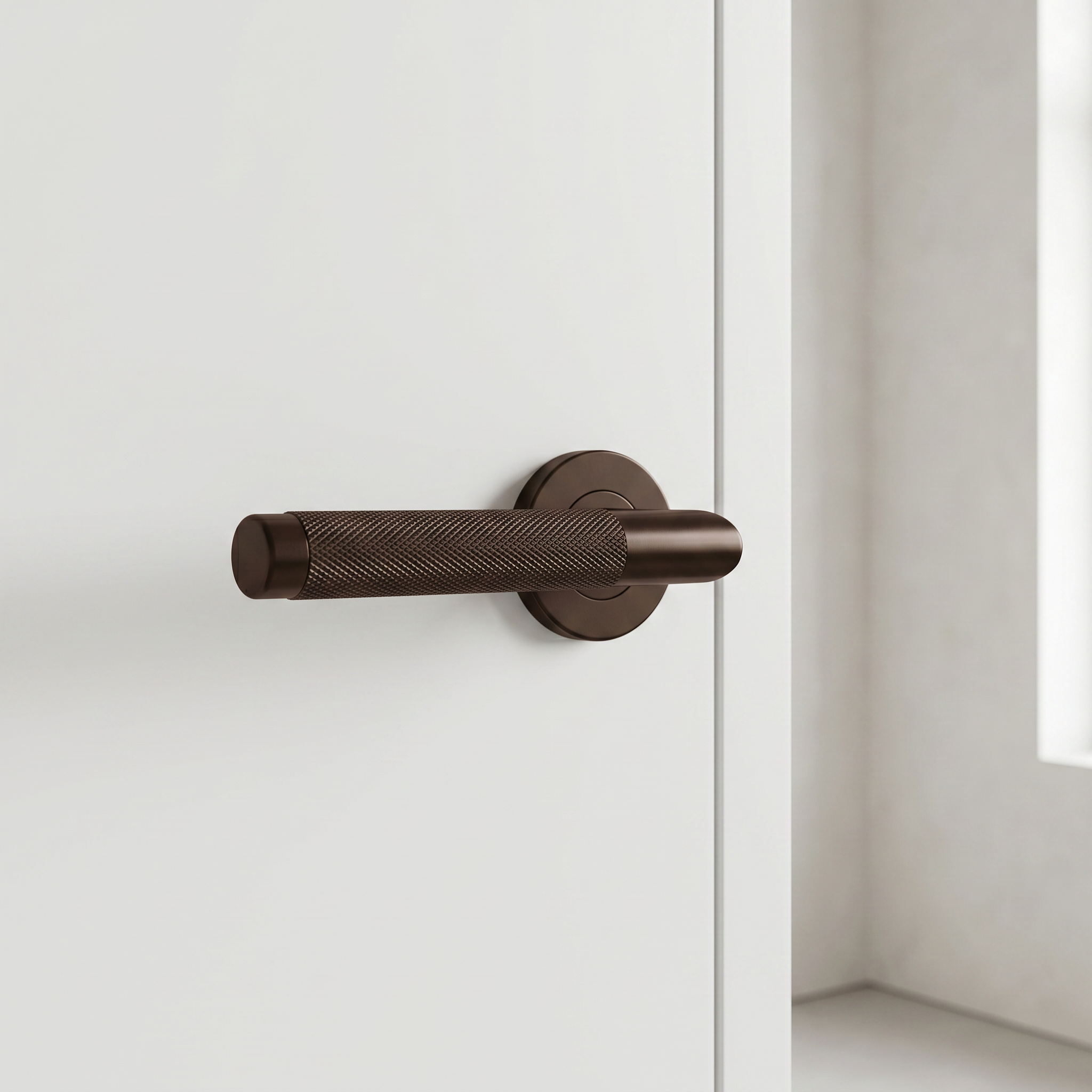 A modern door lock with a dark-colored, textured thumb turn and a vertical, slim handle on a white door in a minimalist setting.
