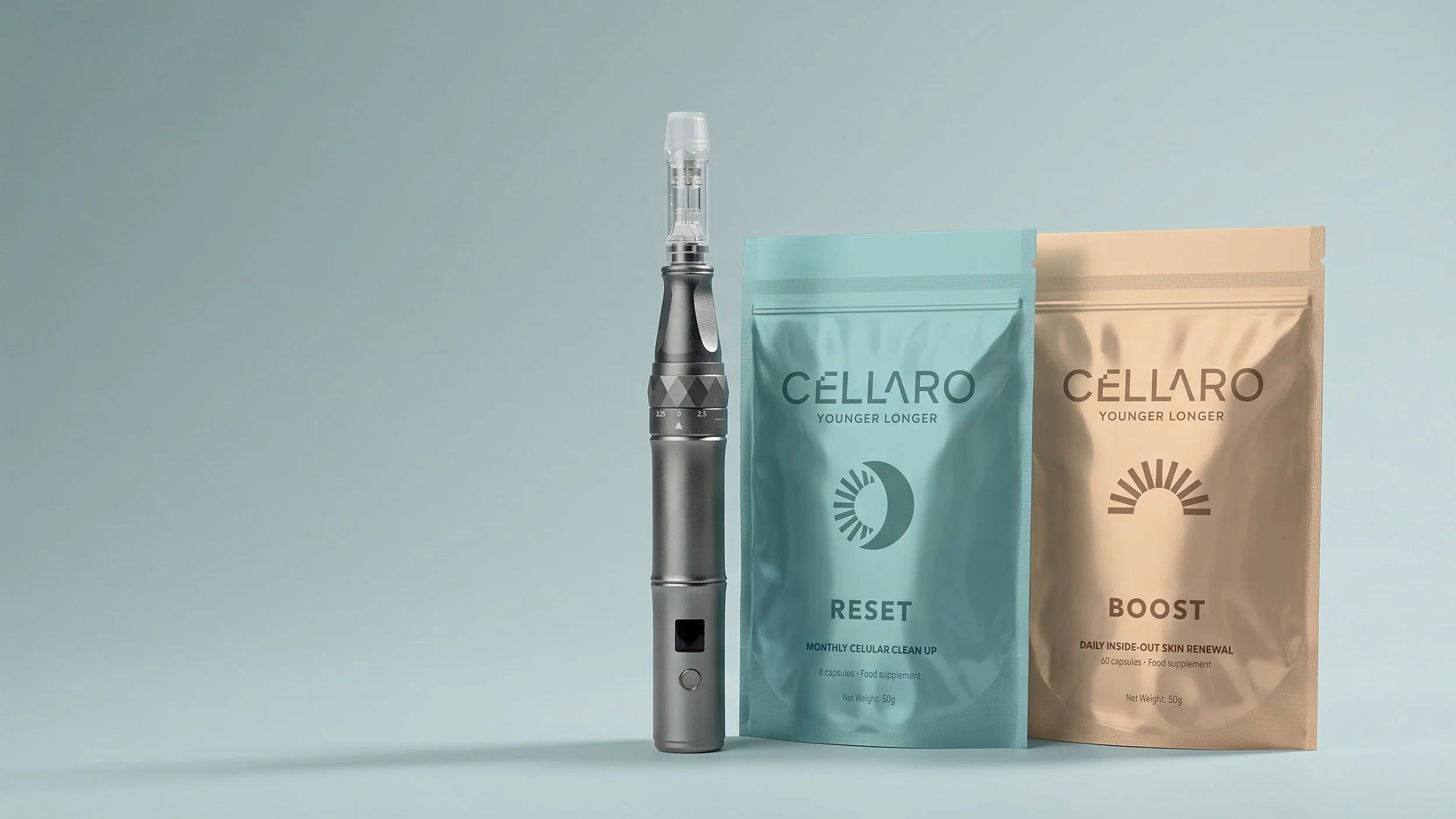 An electronic device resembling a vape pen or electronic cigarette positioned next to two packets of dietary supplement capsules labeled 'Cellaro Reset' and 'Cellaro Boost.'