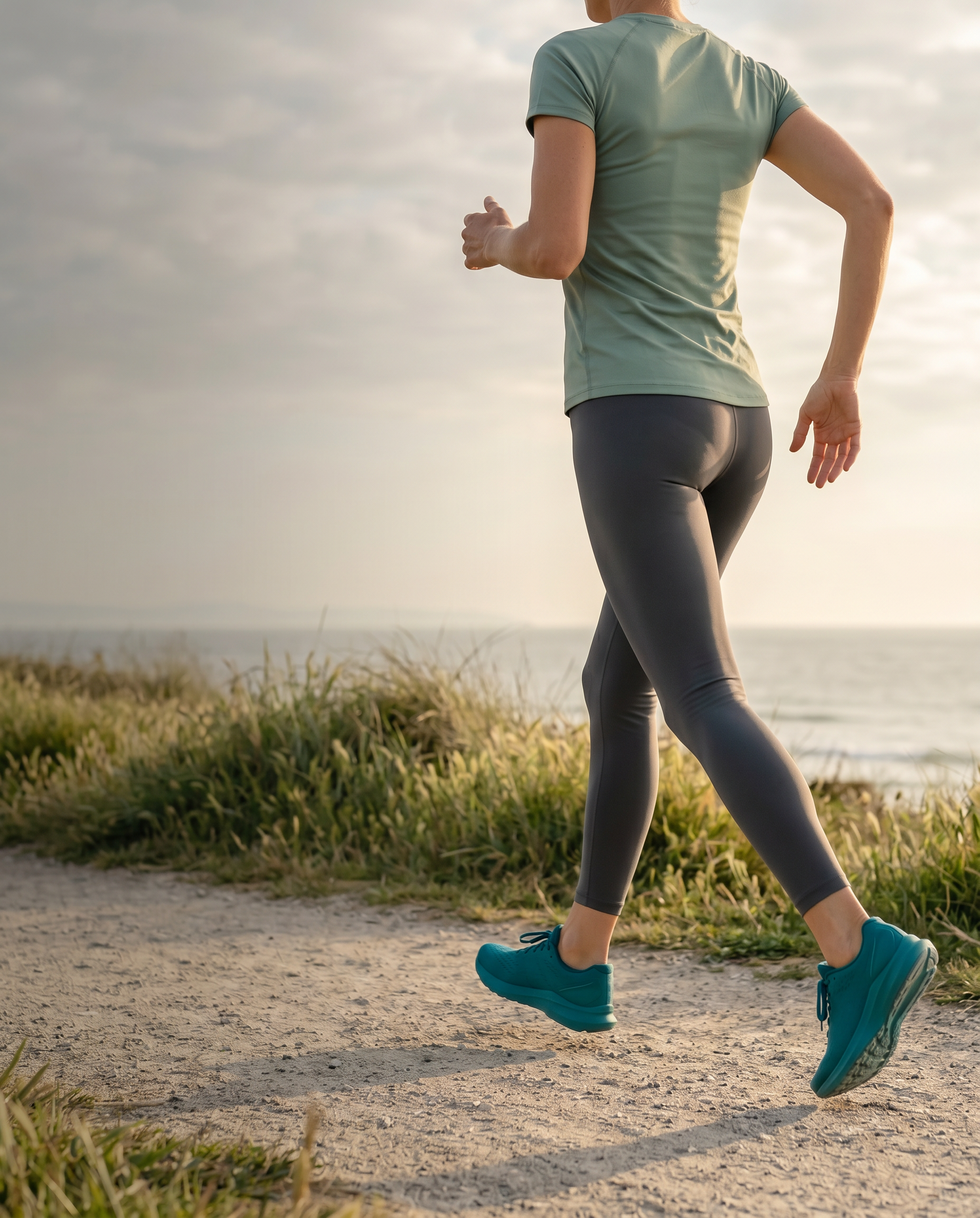 A person jogging outdoors on a dirt path near a body of water, wearing teal running shoes, gray leggings, and a green short-sleeve shirt, with grass and plants along the trail.