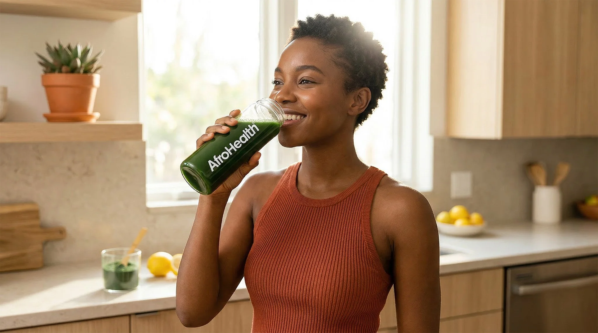 A woman with short curly hair wearing an orange sleeveless top drinks green juice from a glass jar labeled 'AfroHealth' in a bright kitchen with sunlight, wooden cabinets, and a bowl of lemons on the counter. Supplement hero image