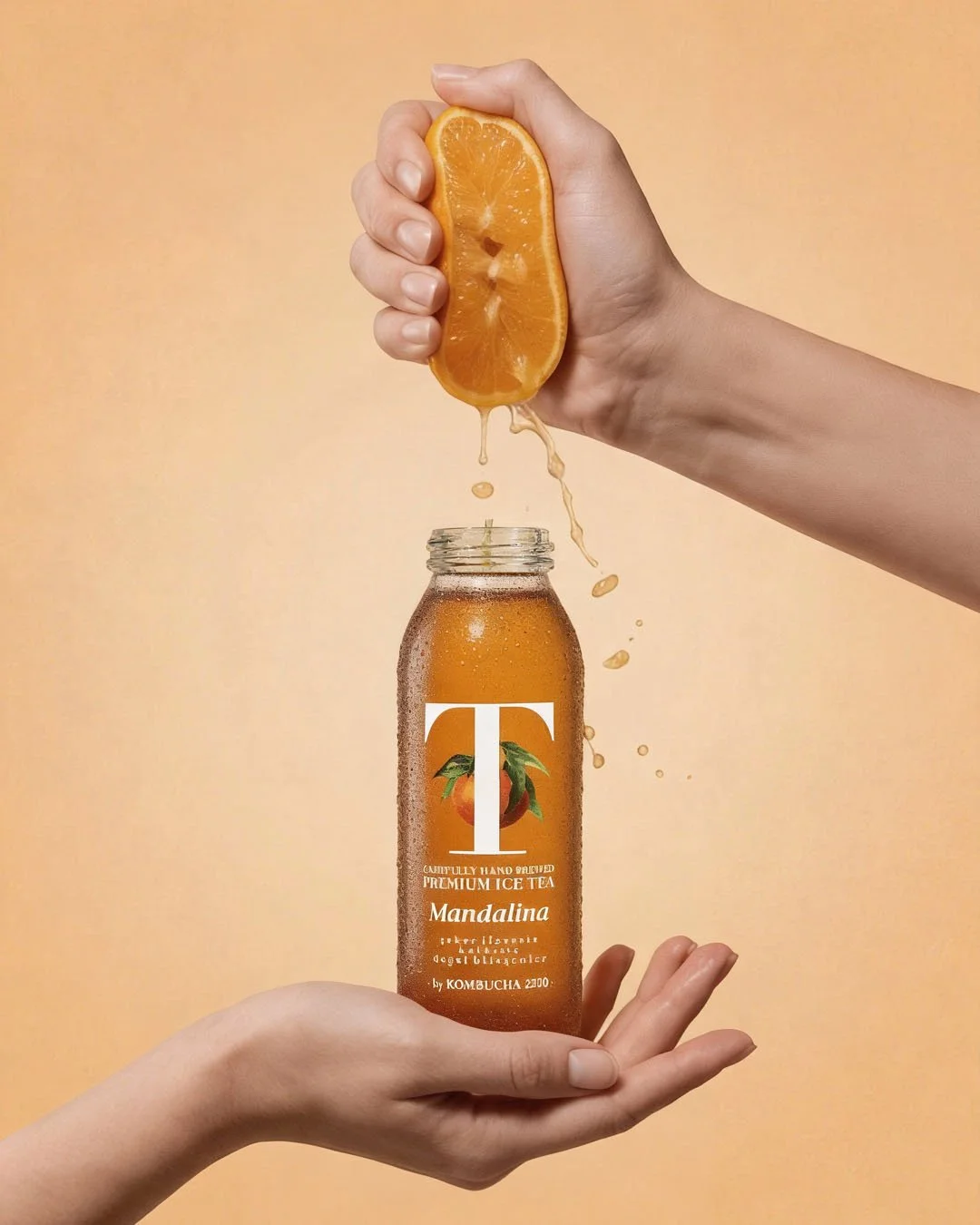 A hand squeezing a halved orange over a bottle of mandalina-flavored iced tea, with some juice and pulp dripping into the bottle, against a peach background.