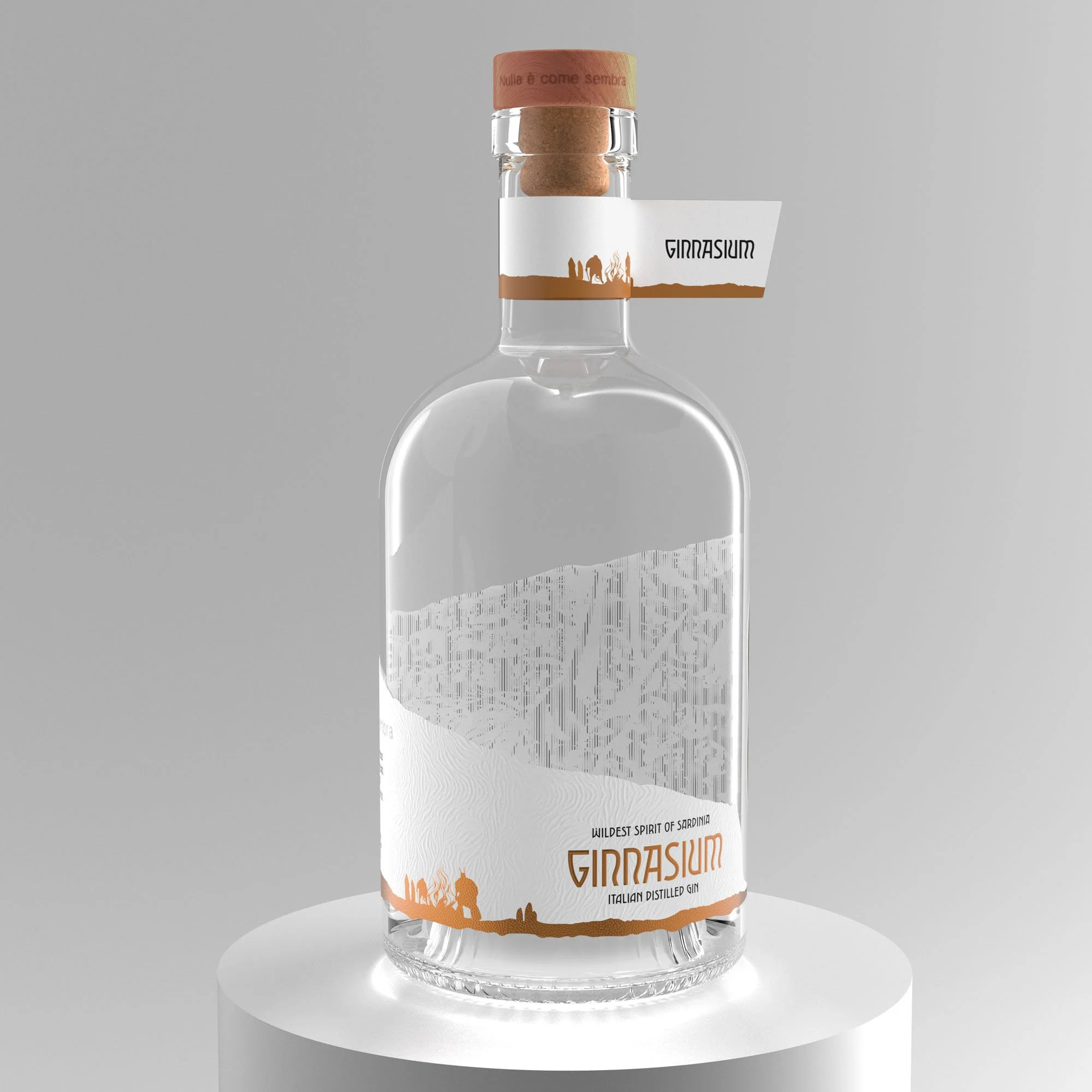 Clear glass bottle of Gindasum Italian distilled gin with a cork stopper, placed on a white pedestal against a gray background.