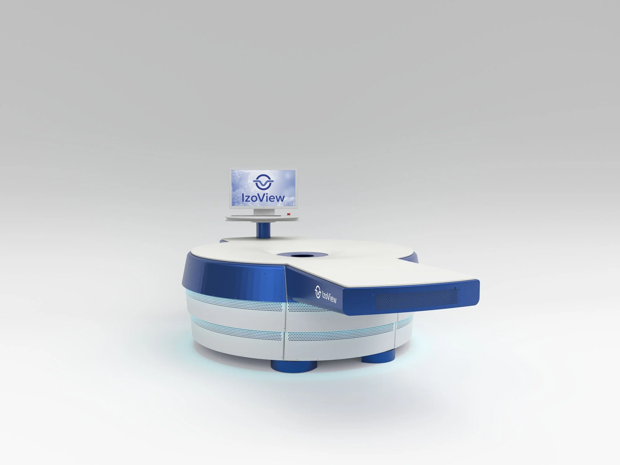 A modern medical robotic scanner with a monitor displaying the IzoView logo, featuring a sleek blue and white design.