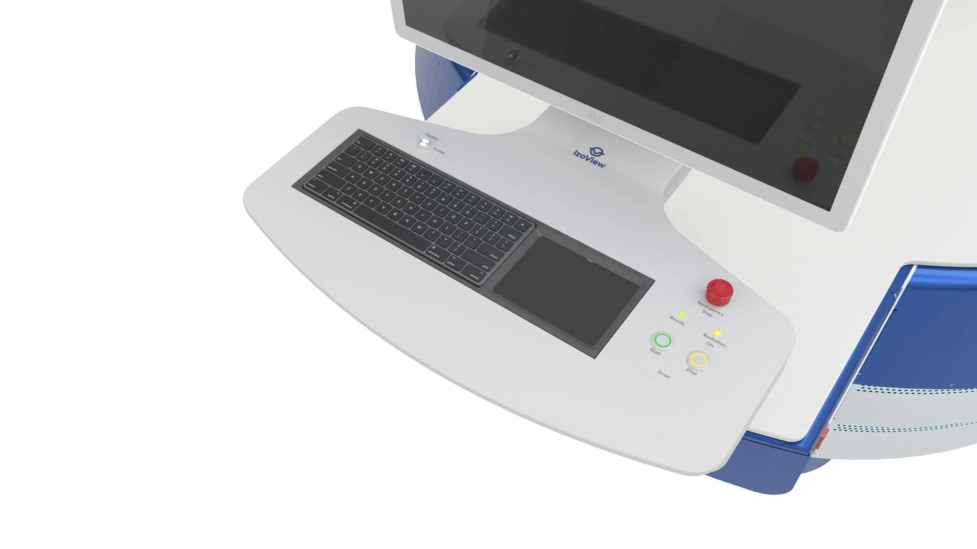 Close-up of medical imaging machine control panel with a keyboard, touchscreen, emergency stop button and various operation buttons and indicators.