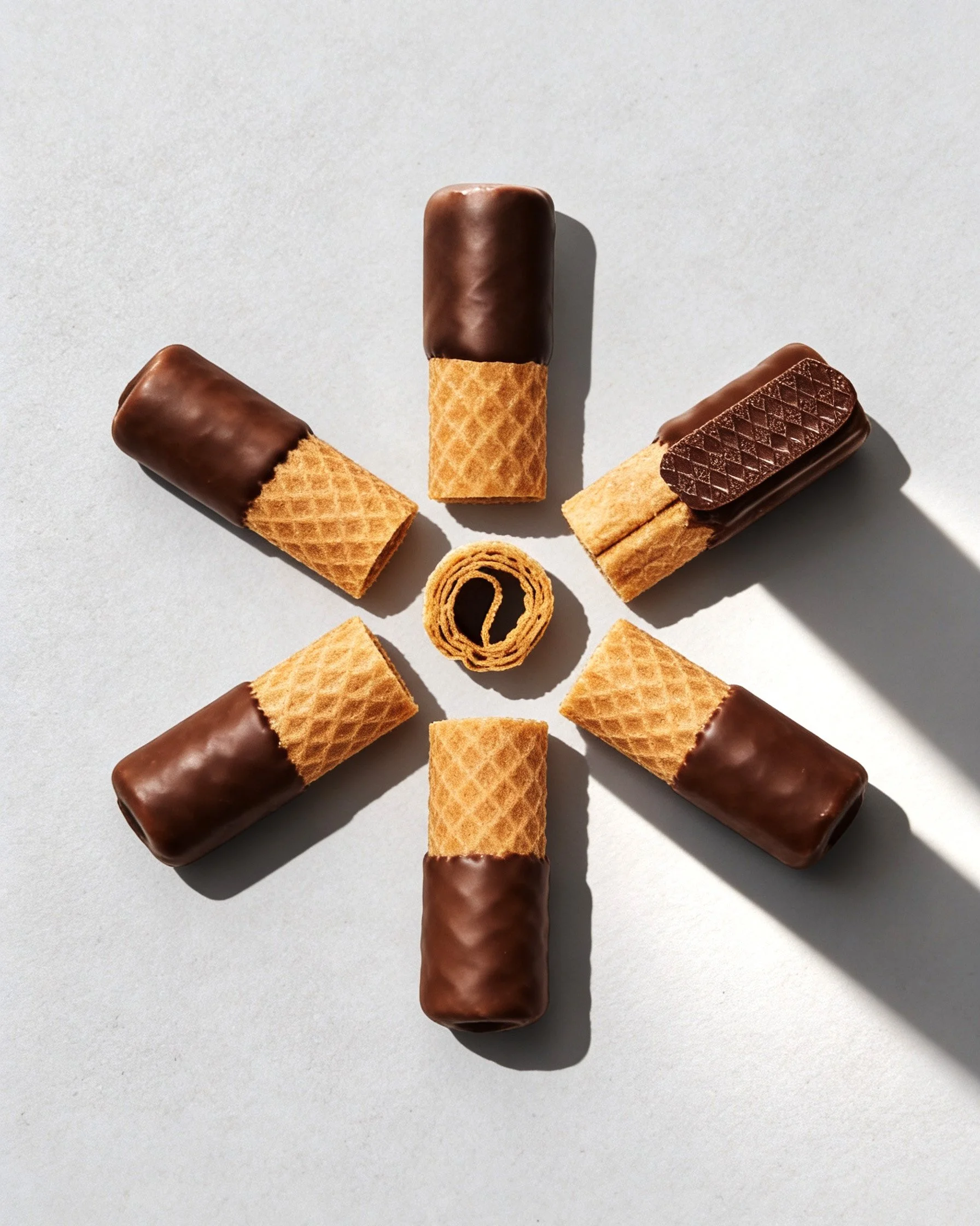 Six ice cream cone-shaped cookies with chocolate coatings arranged in a circle with a rolled cookie in the center on a white surface, casting shadows.
