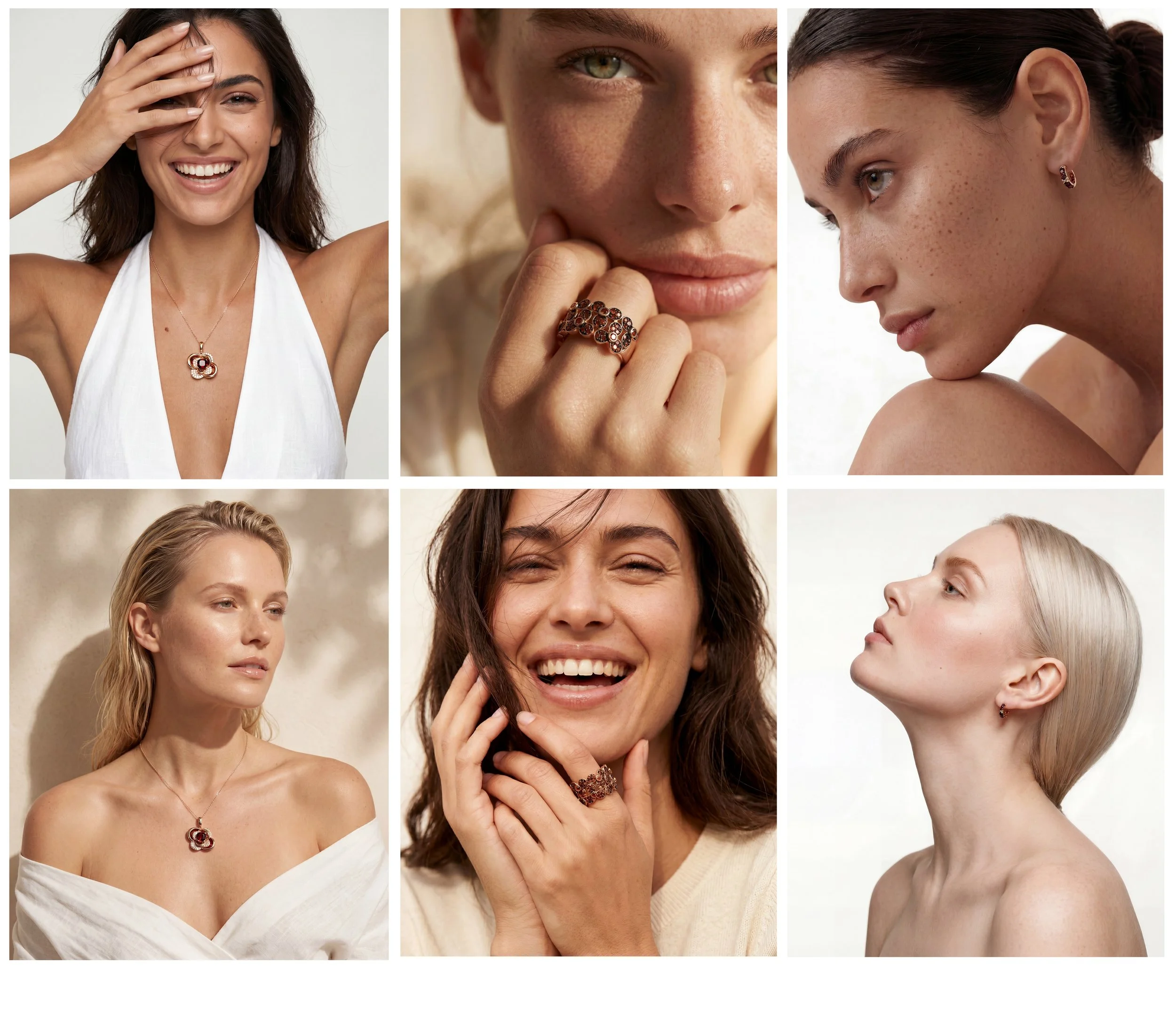 Compilation of six close-up and portrait photos of women with different hairstyles, skin tones, and jewelry, smiling or posing in neutral or thoughtful expressions, against plain or softly blurred backgrounds.
