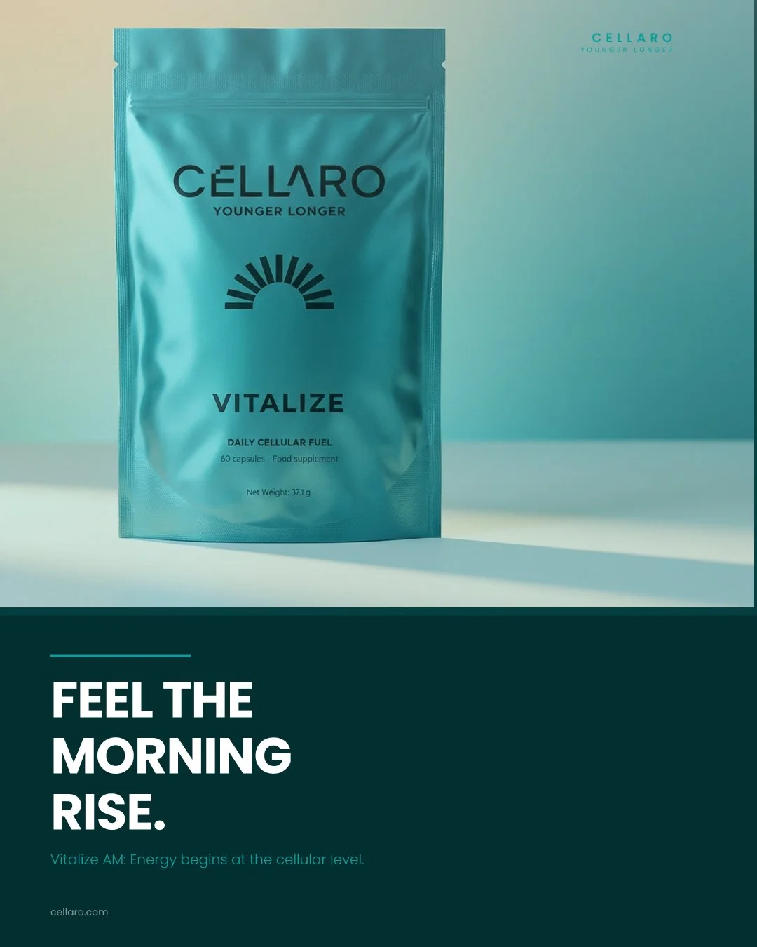 A teal-colored package of Cellaro Vitalize Daily Cellular Fuel capsules standing on a white surface against a light blue background, with text promoting energy at a cellular level.