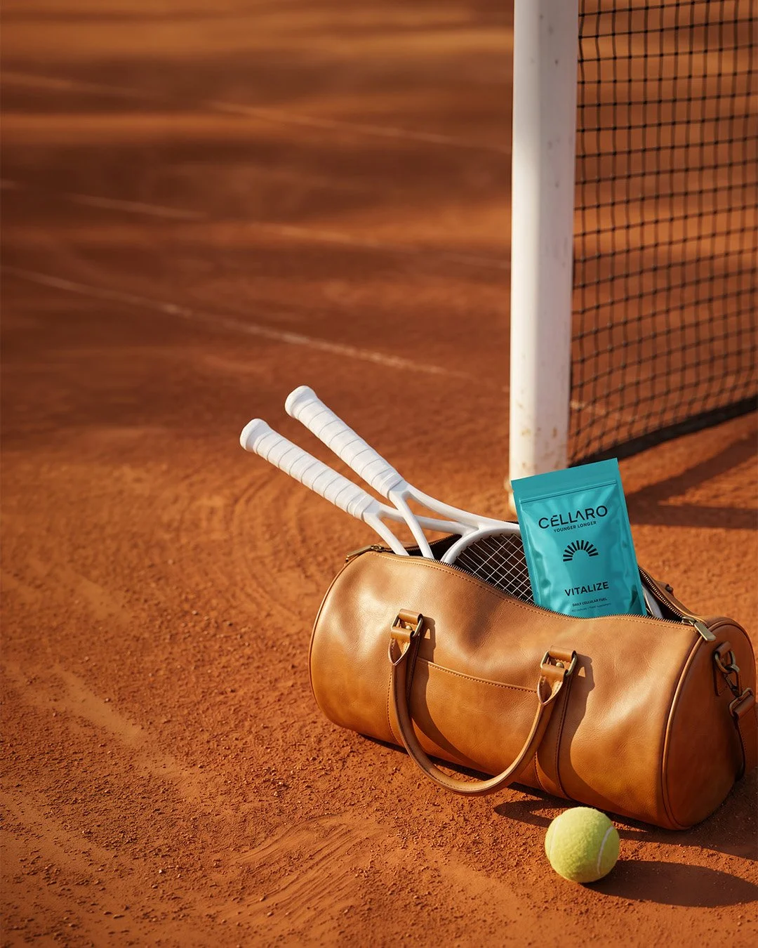 A tan leather tennis bag on a clay tennis court containing white tennis rackets, a blue packet of Cellar Vitalize, and a yellow tennis ball on the ground beside the bag, with part of a tennis net and post in the background.