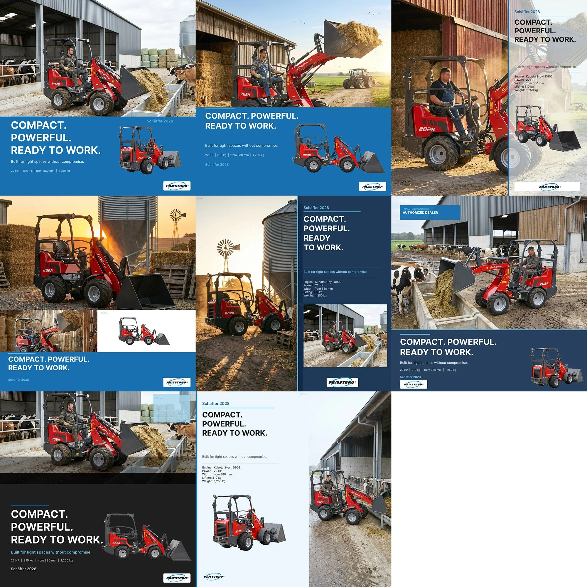 A collage of photos showcasing small red compact loaders working on a farm, lifting and moving hay and feed in barns and outdoor fields with cows and other farm equipment in the background, accompanied by text promoting the loaders' features and spec