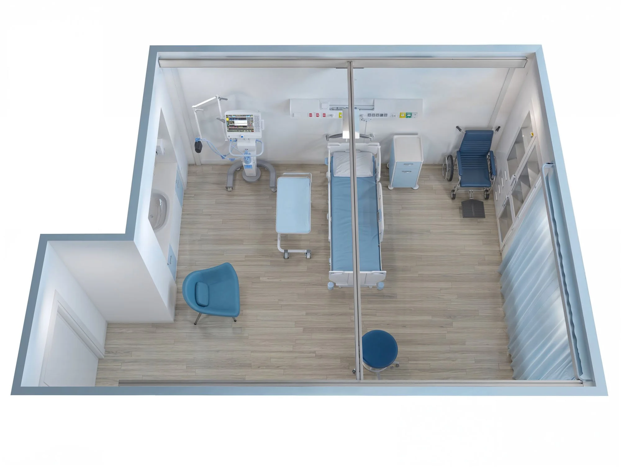 Top-down view of a sterile hospital room with a bed, medical equipment, a chair, a stool, and windows with curtains.