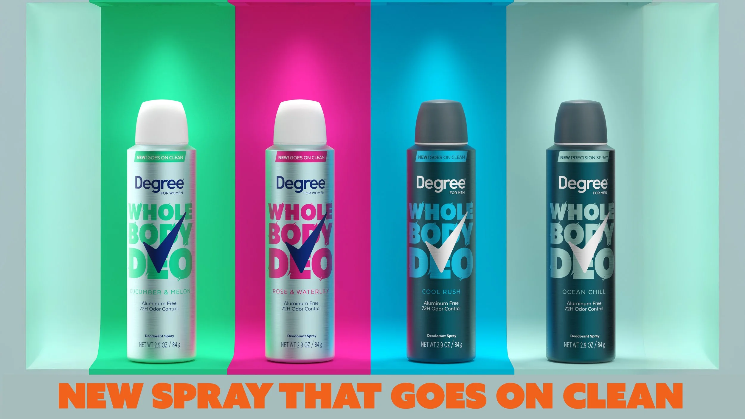 Four cans of Degree deodorant spray, two for women and two for men, with colorful backgrounds and a bold orange text at the bottom that reads "New Spray That Goes On Clean."