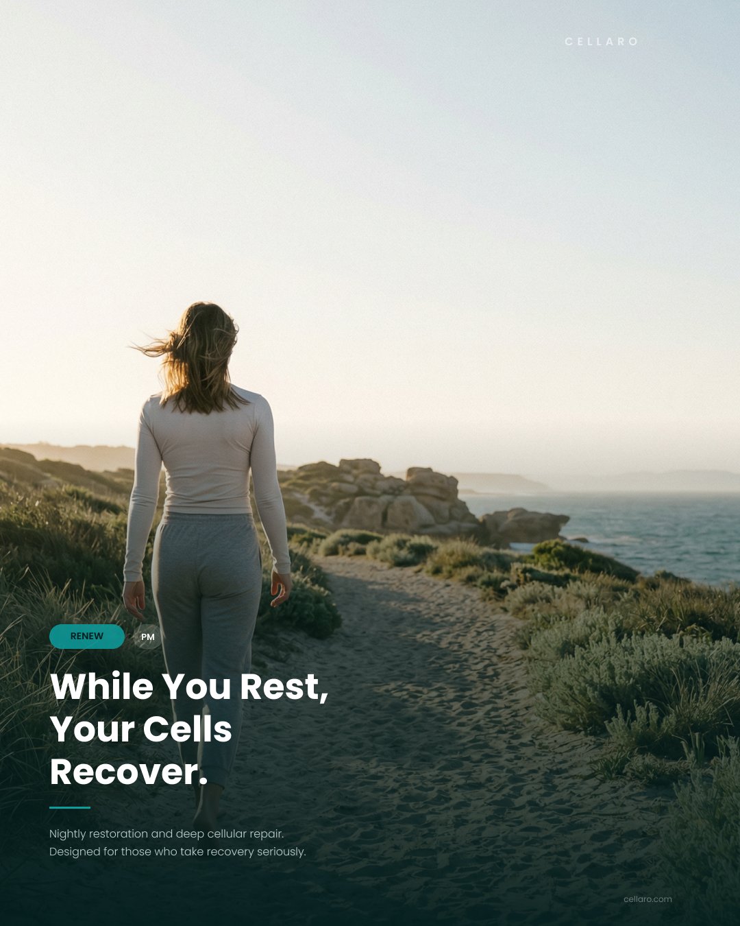 A woman walking along a coastal path during sunset with vegetation, rocks, and the ocean in the background. The image has text promoting cellular repair and recovery.