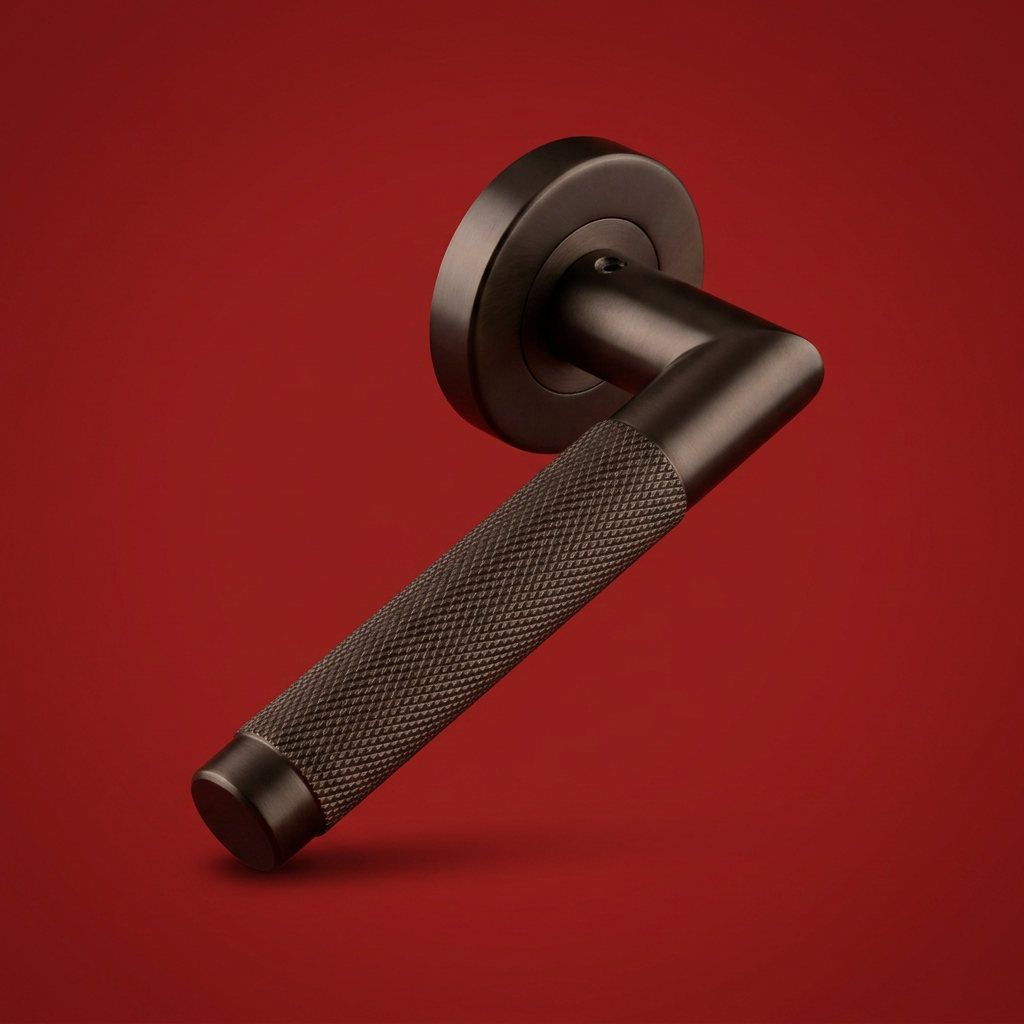 Close-up of a black door handle with a textured grip on a red background.