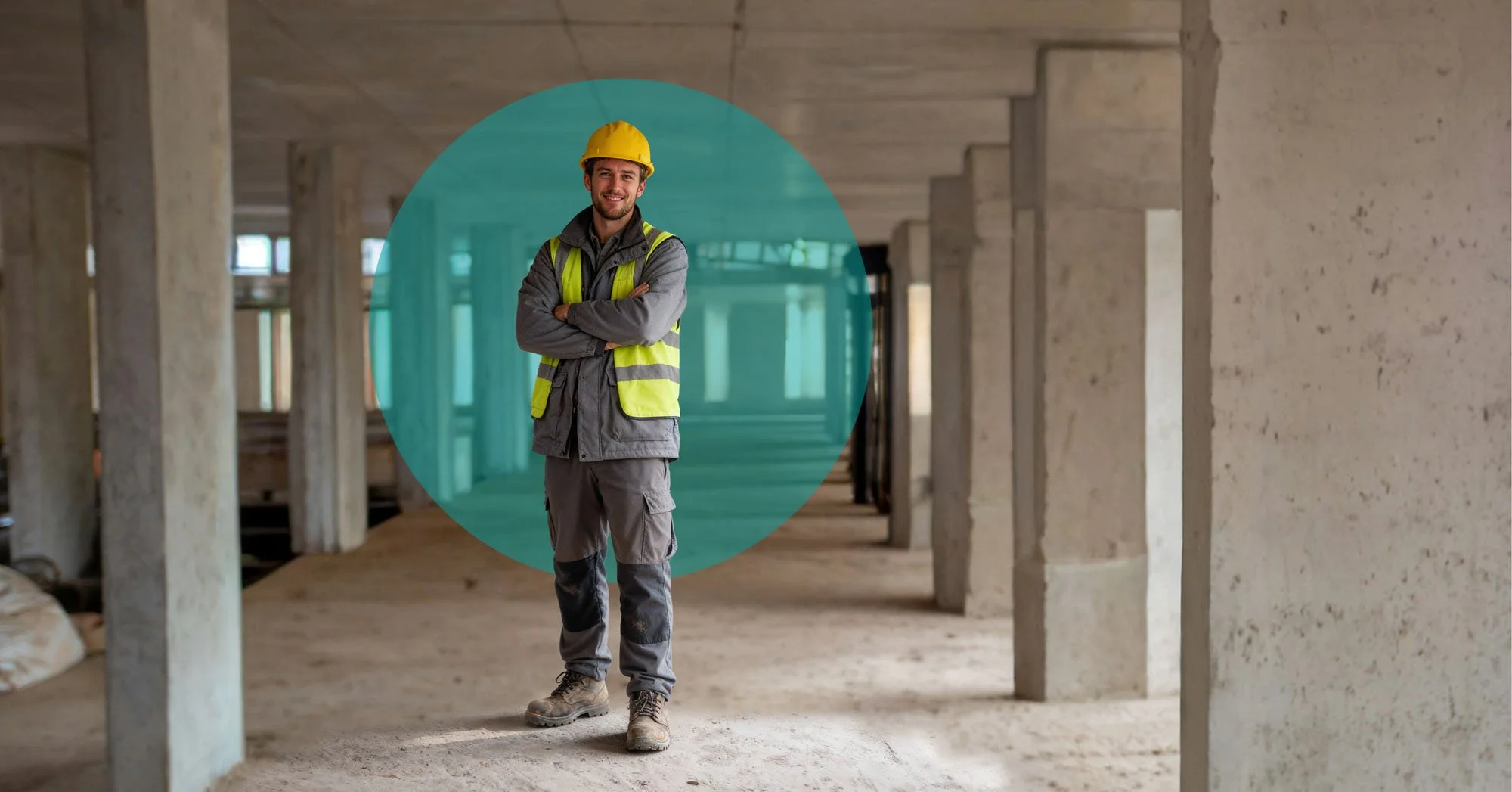 A construction worker wearing a yellow hard hat, safety vest, gray jacket, and work pants, standing with arms crossed inside an unfinished building with concrete columns and floors.
