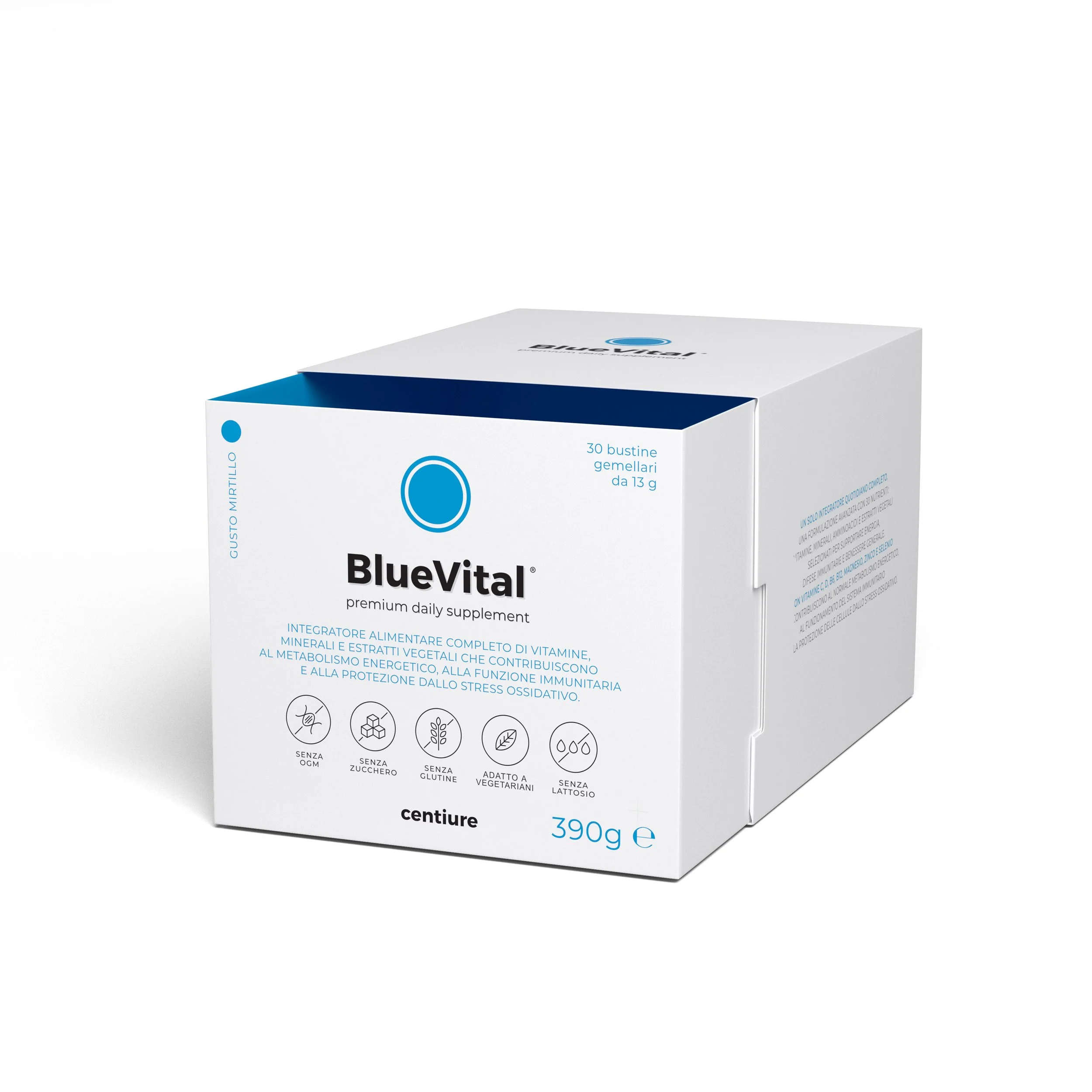 A white box of BlueVital dietary supplement with blue accents, showing the front and part of the side. The box contains 30 capsules, each 13 grams, and is labeled as vegetarian, gluten-free, sugar-free, and soy-free.