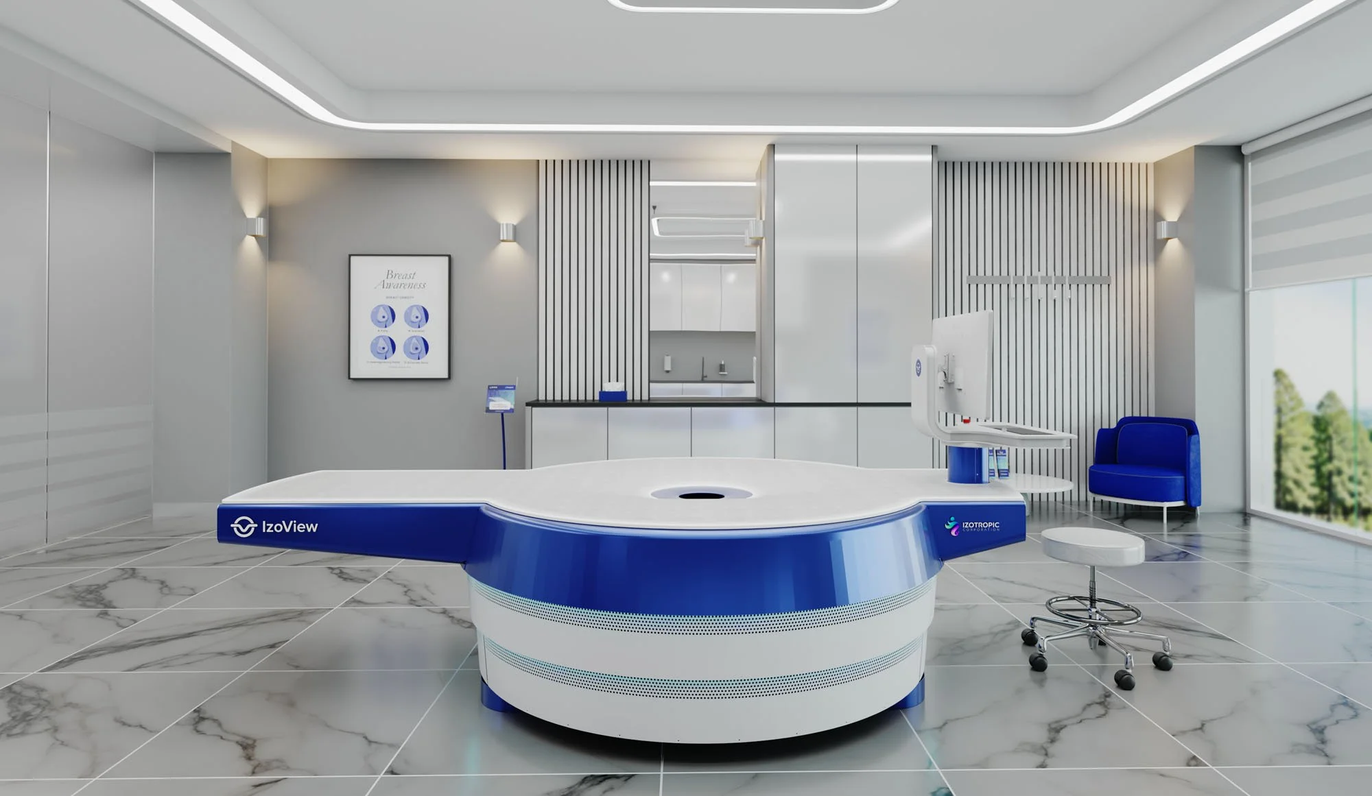 Medical imaging room with IzoView mammogram machine, blue armchair, and white marble floor, in a modern clinic.