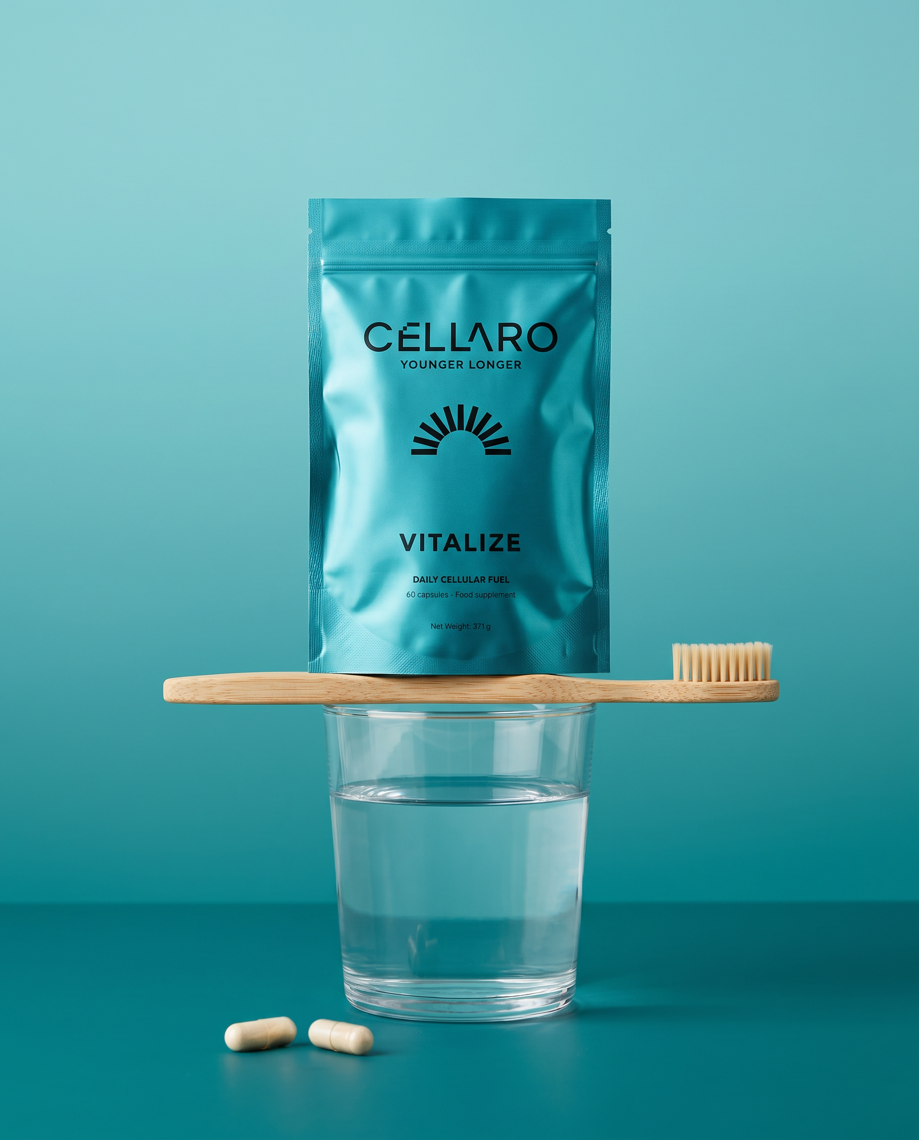 A blue package labeled 'CELLARO' with the tagline 'YOUNGER LONGER' placed on a round wooden board, above a glass of water, with two white capsules in front of the water, against a teal background.