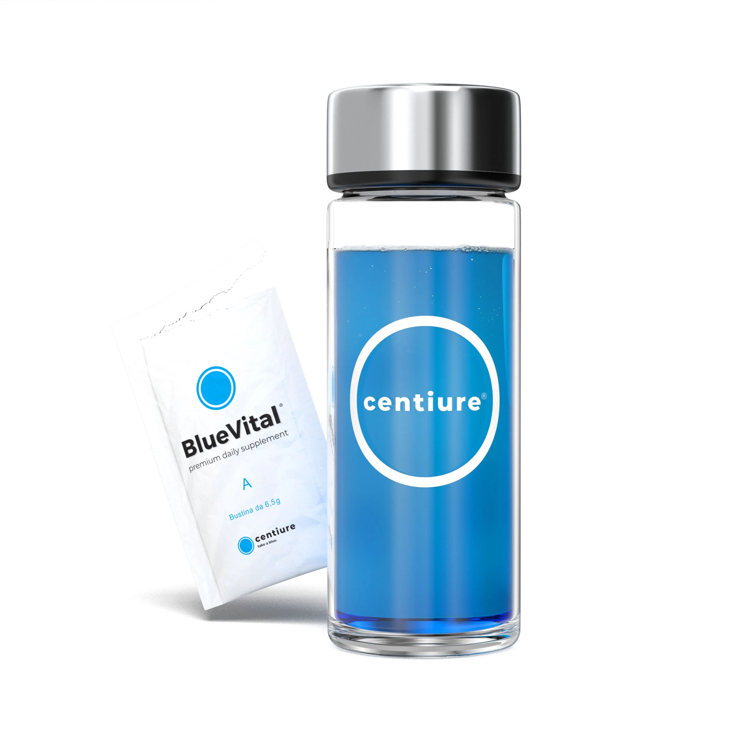 A transparent glass water bottle filled with blue liquid, labeled 'Centiure' with a silver lid. Next to it, a white packet labeled 'BlueVital' with a blue circle and additional text.