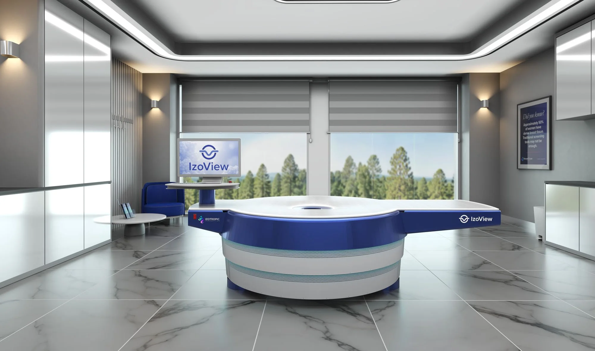 A modern medical imaging room with a large circular scan table, a monitor displaying 'IzoView,' and large windows showing trees outside.