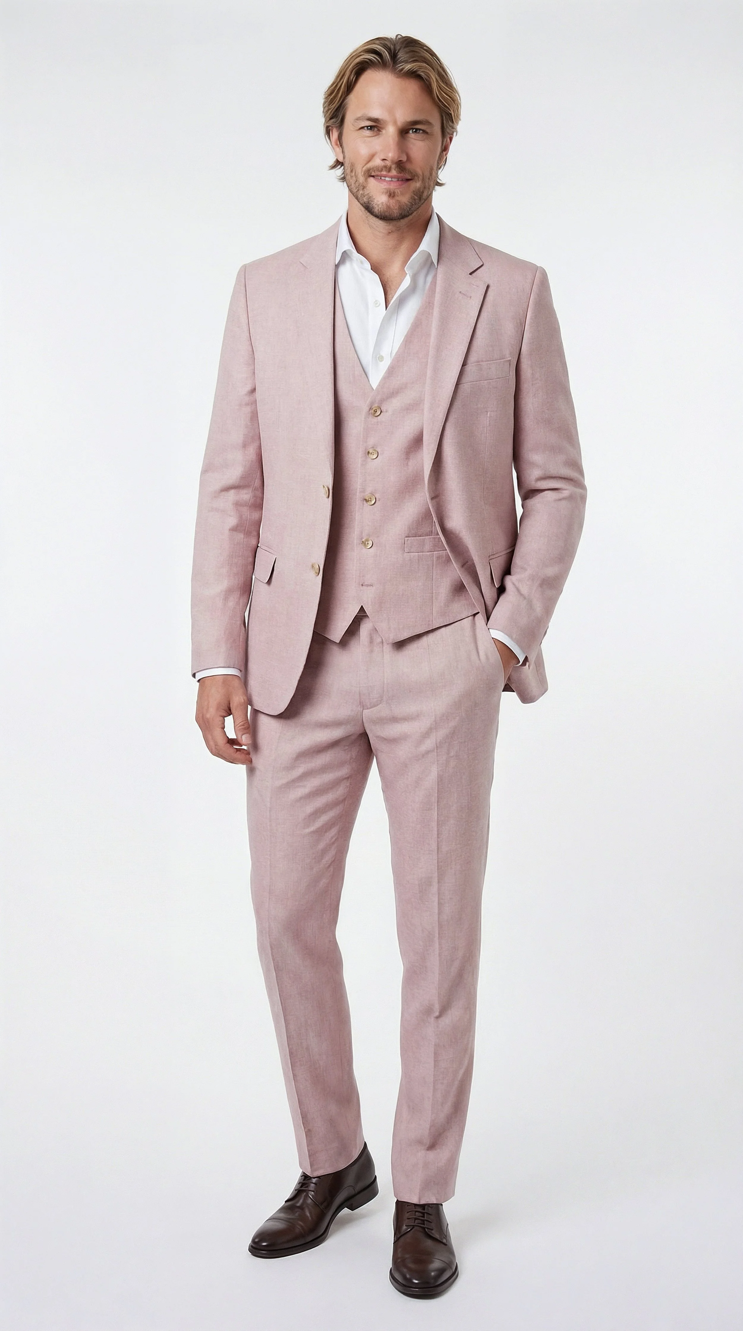 A man with blond hair and a beard stands wearing a light pink suit, white dress shirt, and brown shoes, posing with one hand in his pocket.