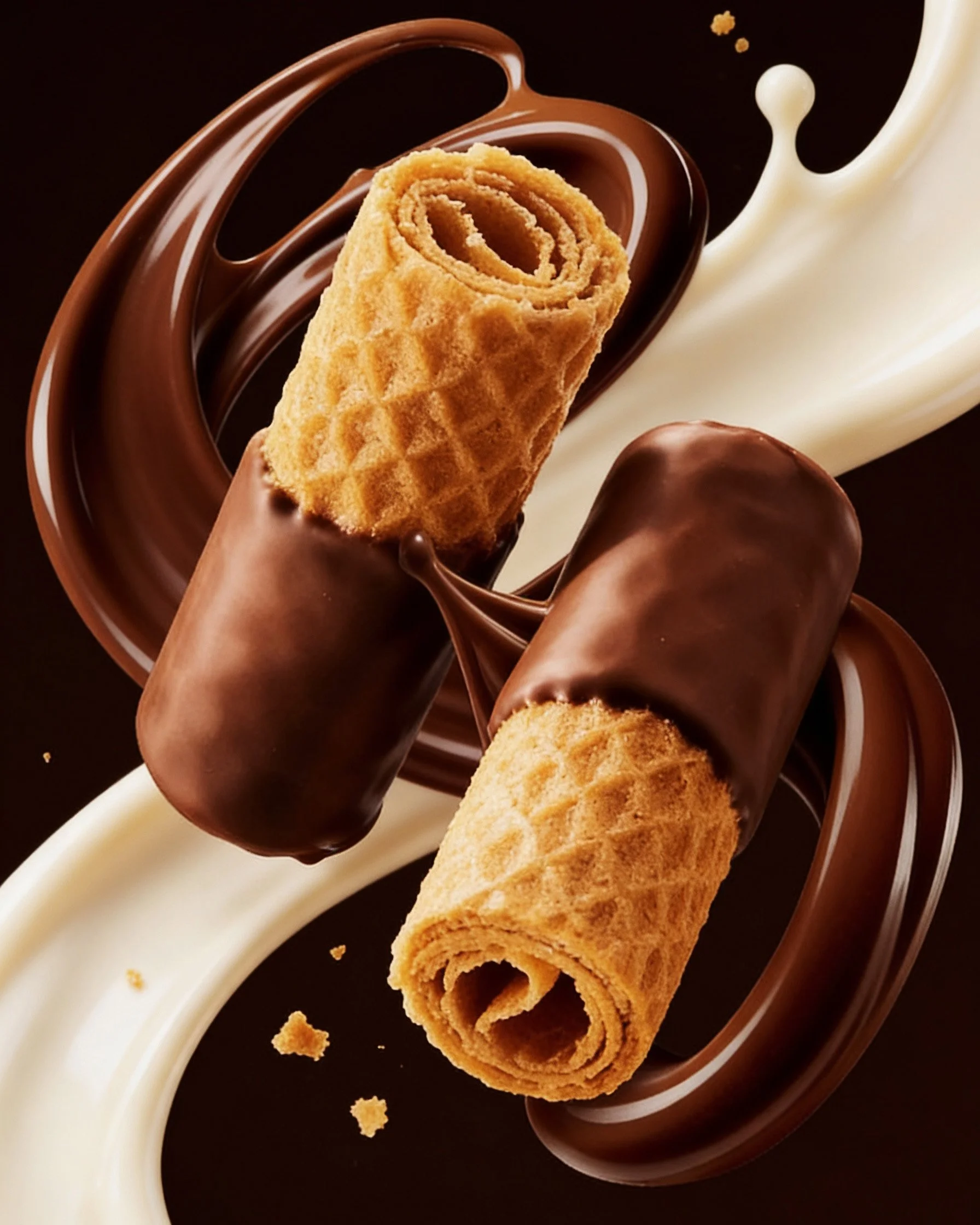 Two rolled wafer cookies coated in chocolate, with chocolate and white cream splashes in the background.