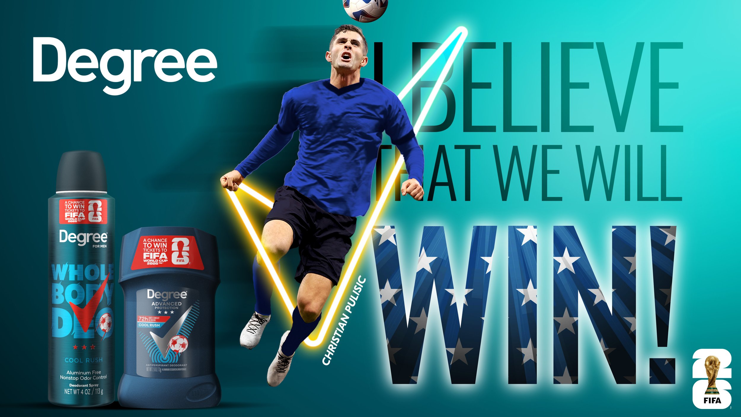 An advertisement featuring a football player mid-air attempting to head a football, with a Glow outline highlighting his name Christian Pulisic. The background displays the words 'Believe that we will WIN!' and contains images of Degree deodorant pro