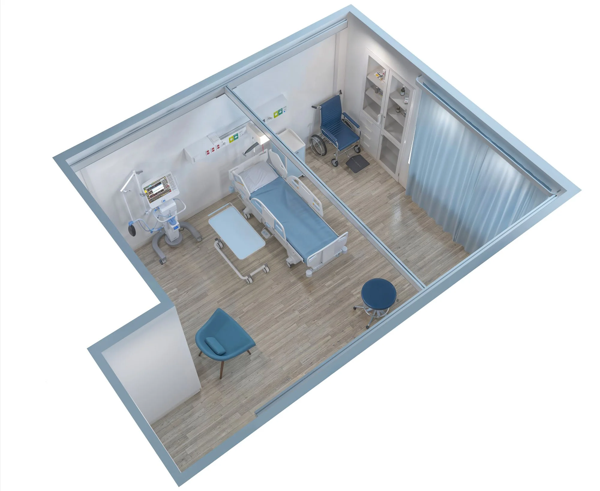 A 3D-rendered illustration of a hospital room with a bed, medical equipment, and furniture, including a wheelchair, a chair, and curtains covering a window.
