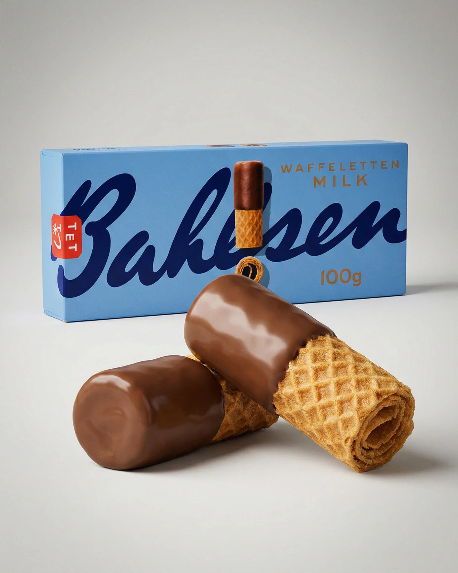 Chocolate-covered wafer ice cream cones with a blue box in the background labeled 'Baklesen' and containing waffle-inspired graphics.