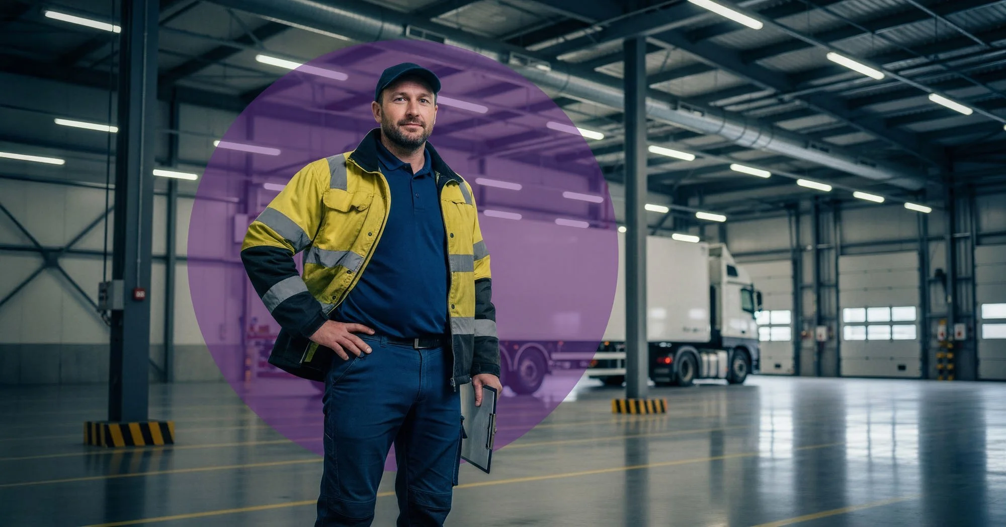 A man in a yellow safety jacket and navy cap standing inside a warehouse with a clipboard, large trucks in the background, and bright overhead lighting.