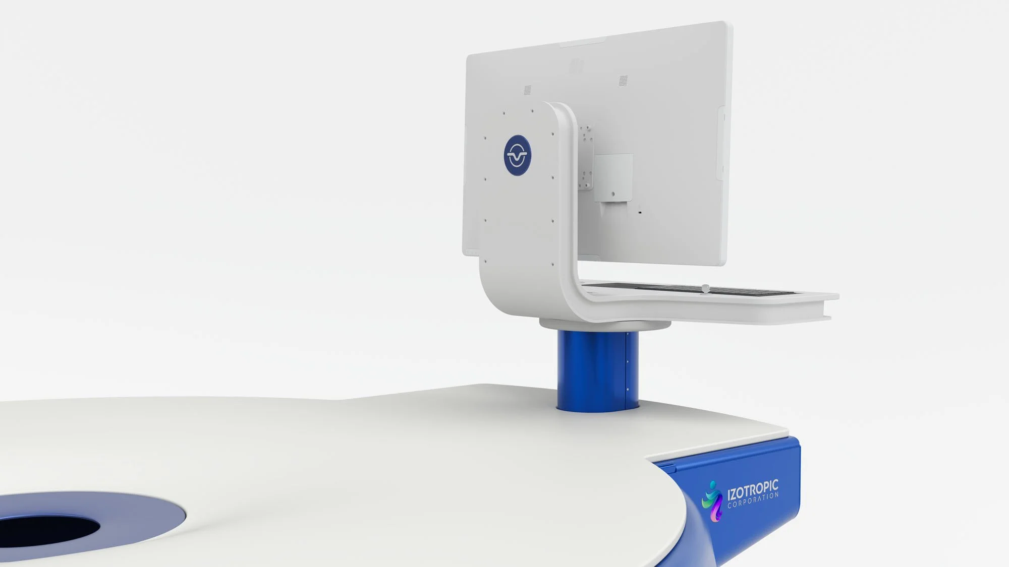 A medical or scientific device or workstation with a white and blue color scheme, featuring a monitor attached to an adjustable arm, and a circular surface with a hole for insertion. The device has the Izotropic Corporation logo on the side.