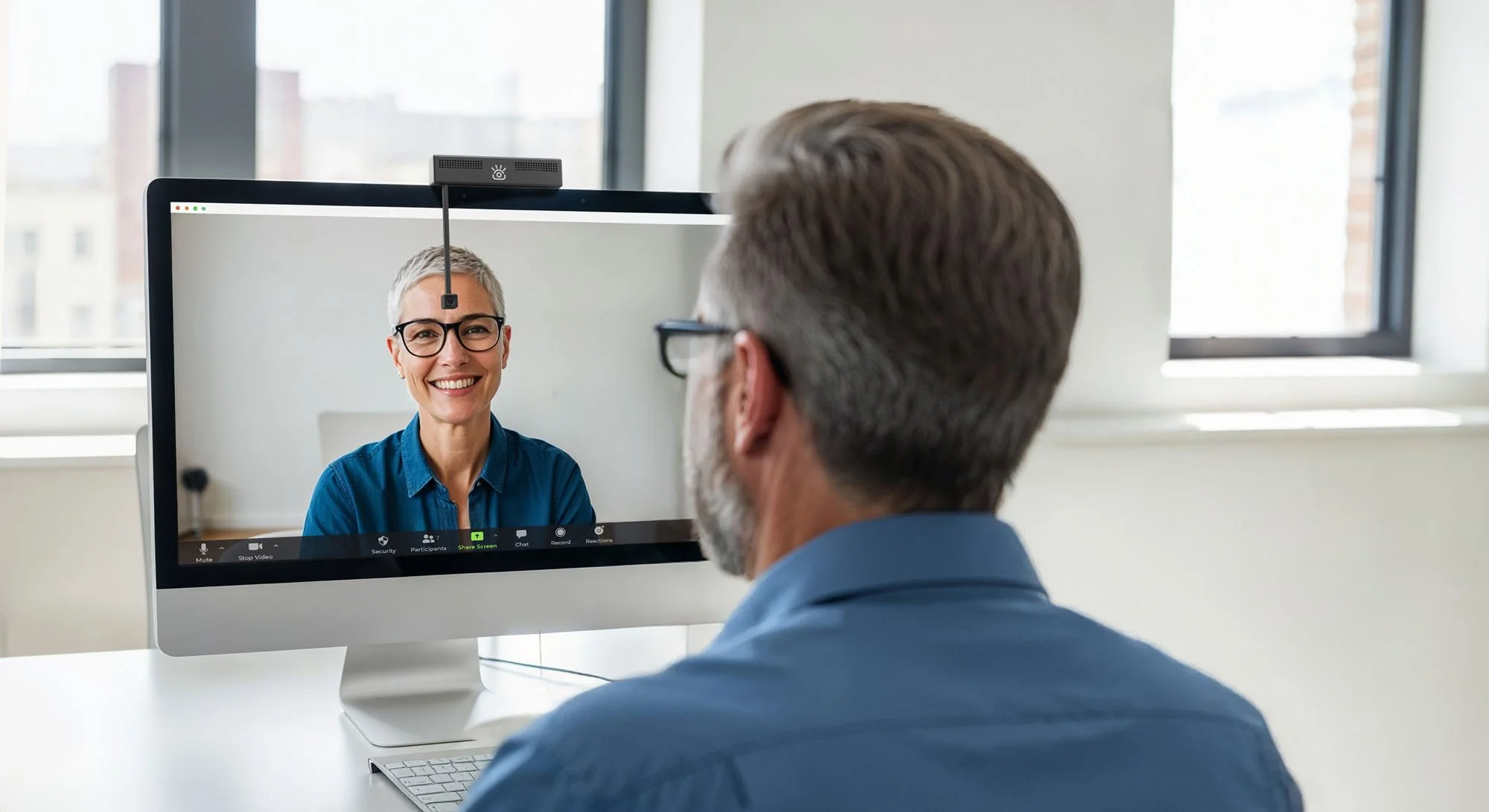A man with gray hair and glasses sitting at a desk, participating in a video call with a woman on a computer screen. The woman has short gray hair, glasses, and is smiling. The scene is in a bright room with windows in the background.