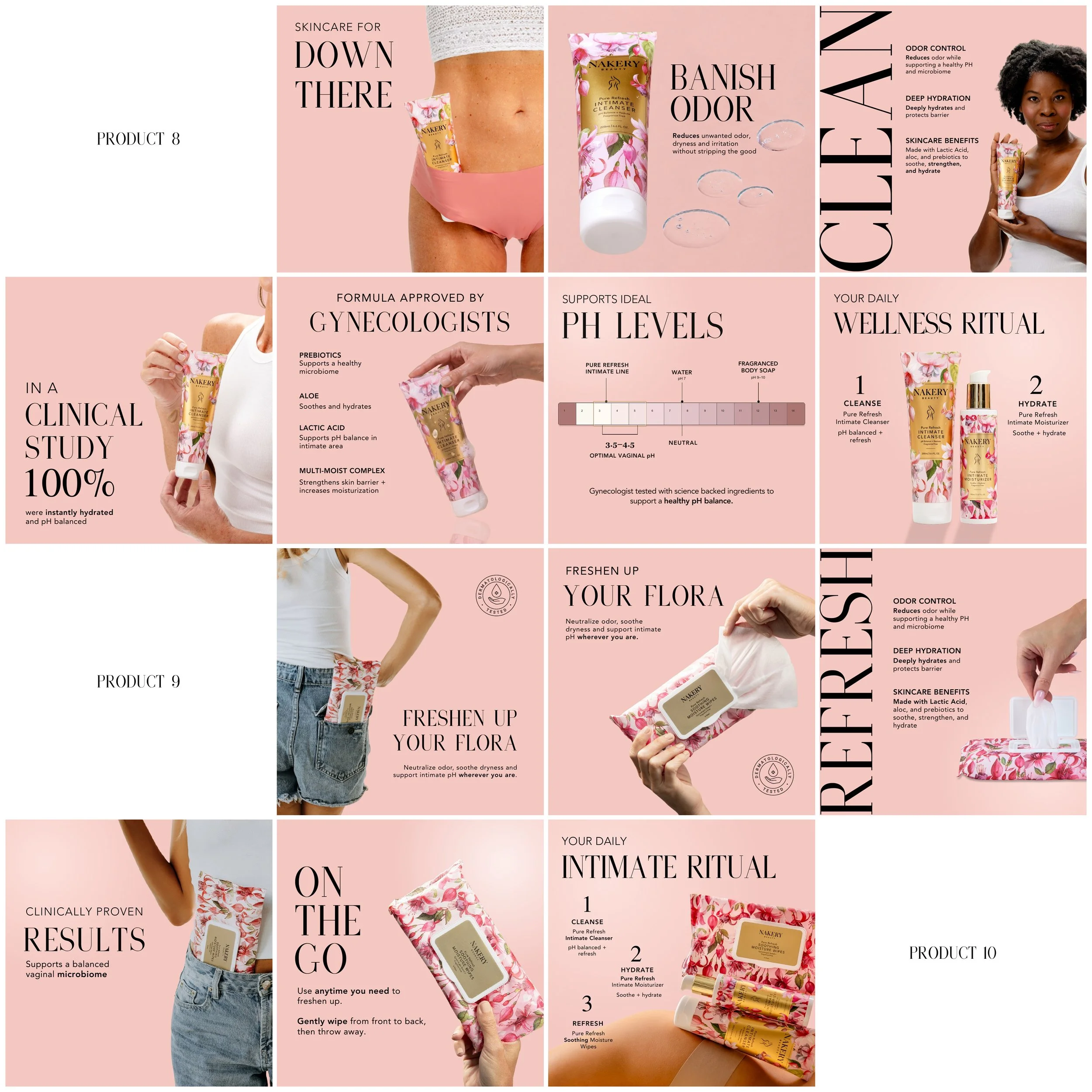 Promotional collage advertising skincare products for intimate hygiene with pink and floral design, featuring women holding products, diagrams showing product benefits, and text explaining product features and usage instructions.