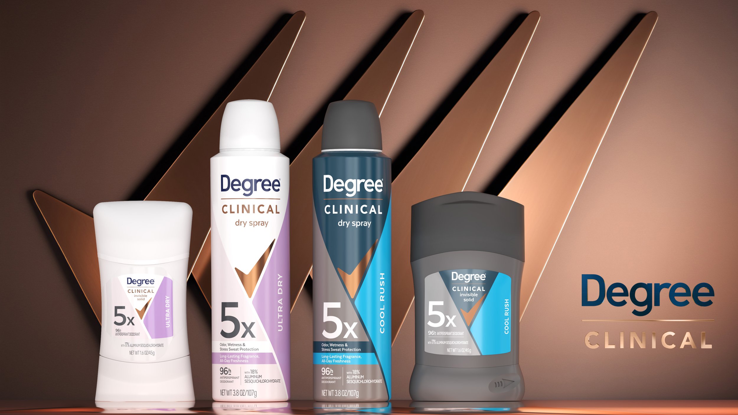 Four Degree Clinical antiperspirant deodorants in different packaging and colors with the Degree logo and product descriptions on a metallic brown and gold background.