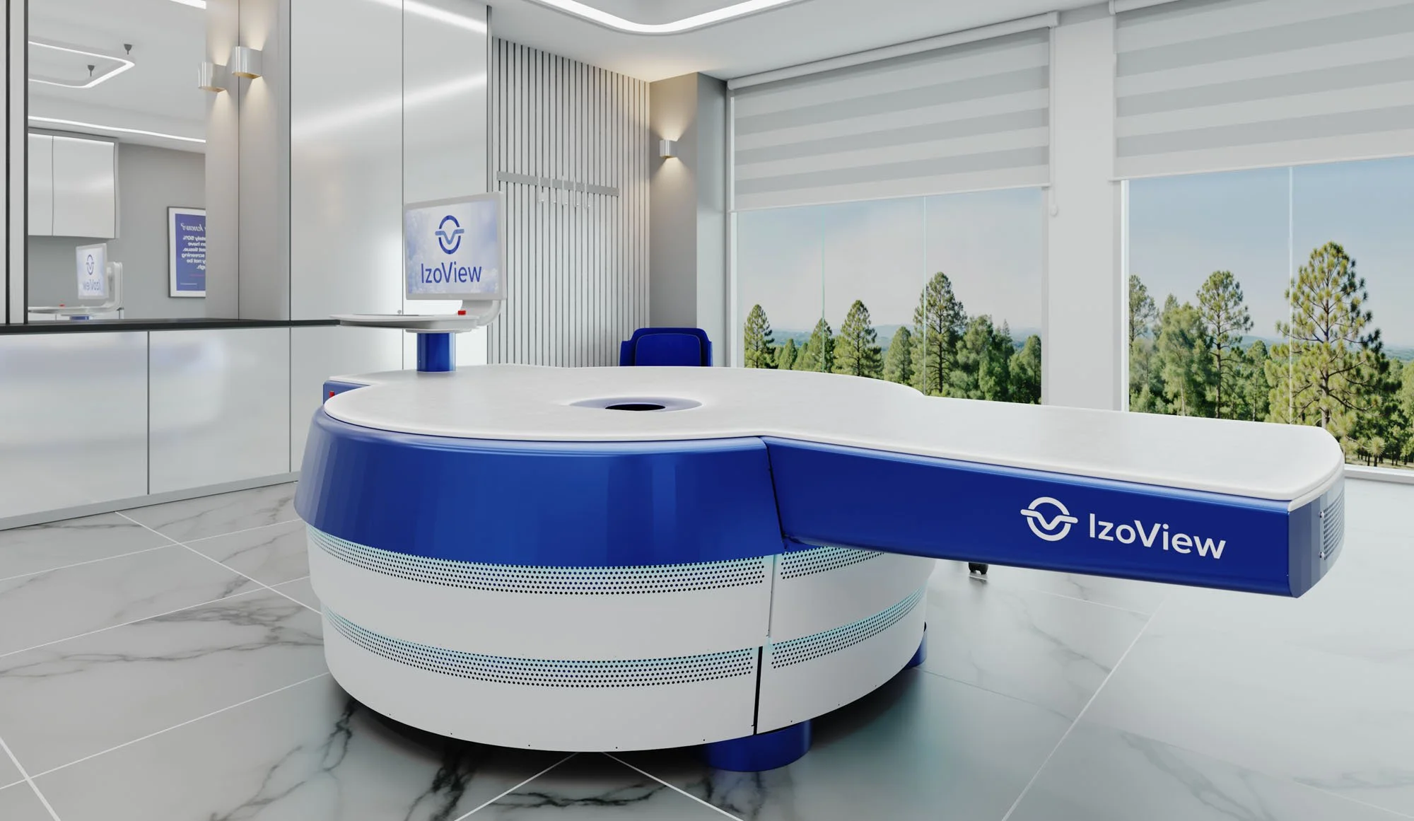 Modern medical or laboratory room featuring a large, curved, blue and white scanner labeled IzoView, with a computer monitor on top, near windows with roller shades and a view of trees outside.