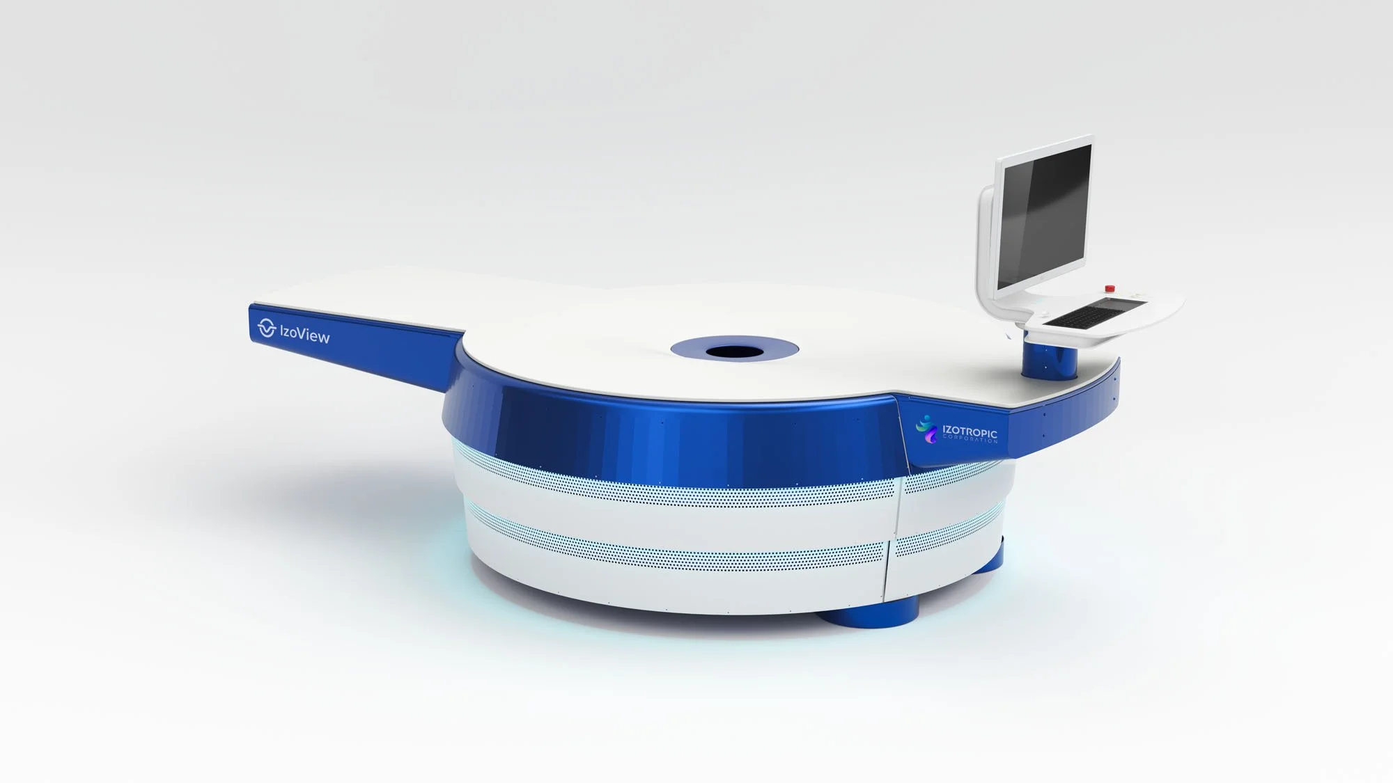 A modern robotic medical table with a small built-in monitor and keyboard attached on a blue and white base.