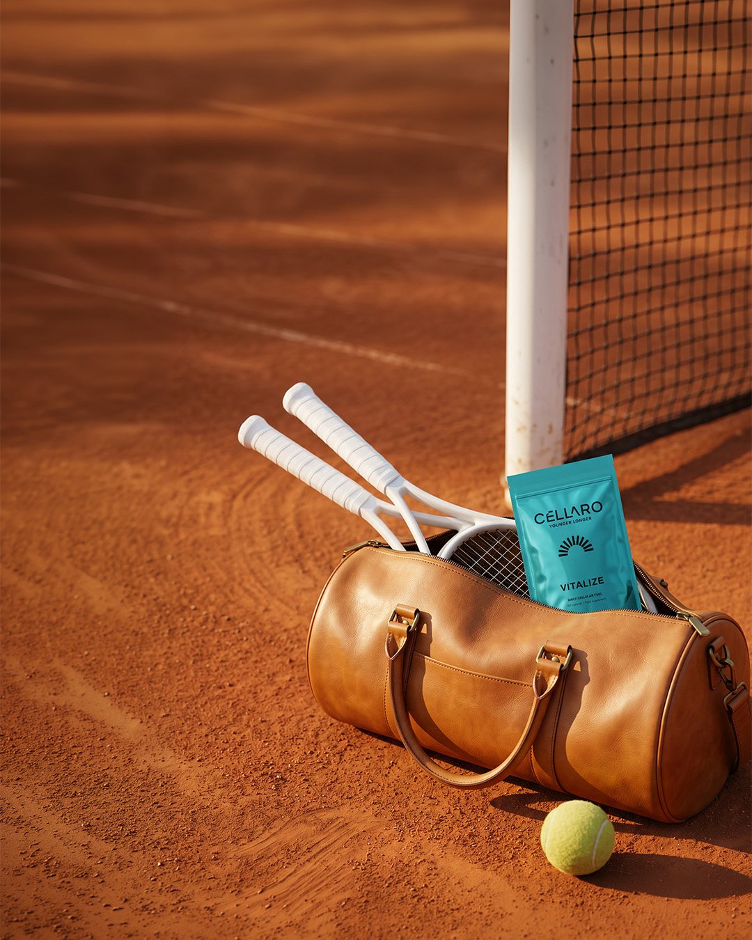 A brown leather tennis bag resting on a clay tennis court near a tennis net, with two white tennis rackets inside, a bright yellow tennis ball on the ground, and a blue packet of Cellar Vitalize energy supplement visible inside the bag, bathed in war