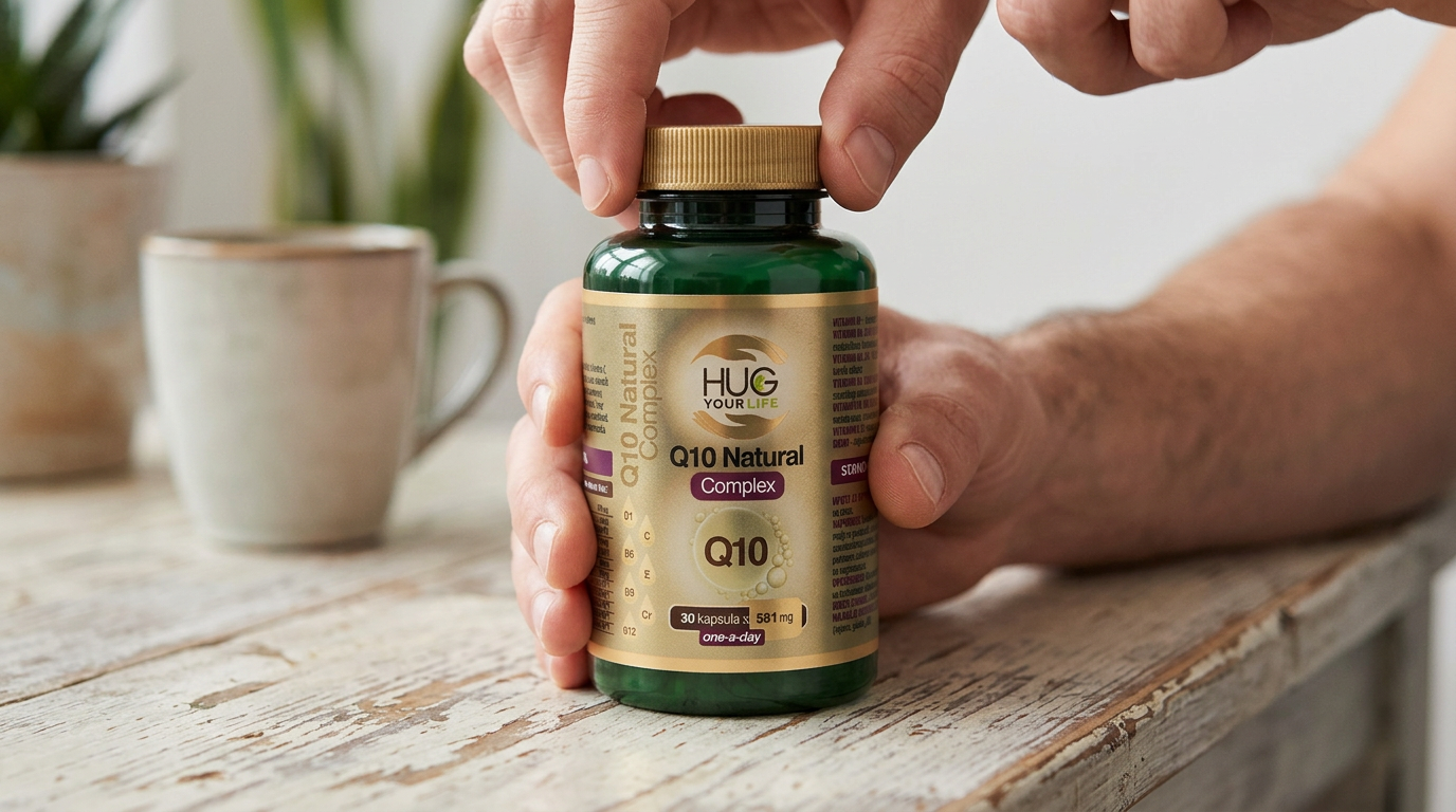 A person's hand holding a green bottle of Q10 Natural supplement with a beige label, near a white mug on a wooden table.